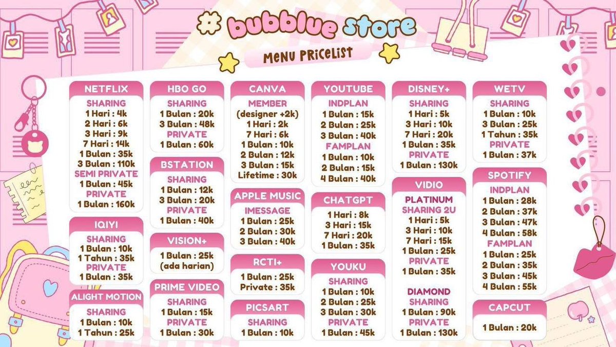 pecites's tweet photo. SELAMAT SIANG BEALANJA YUK APK
APP MURAH SHAR PRIV

NETFLIX CANVA CAPCUT CHATGPT VIU WETV YOUTUBE BSTATION IQIYI YOUKU PRIME VIDEO LOKLOK DISNEY GEMINI LIGHTROOM HBO MAX APPMUS VIDIO PICSART BSTATION CAMSCANNER VSCO AM

🛒: https://t.co/z3xXhxCwdk

#zonauang #zonajajan https://t.co/EP0ac5p3iw