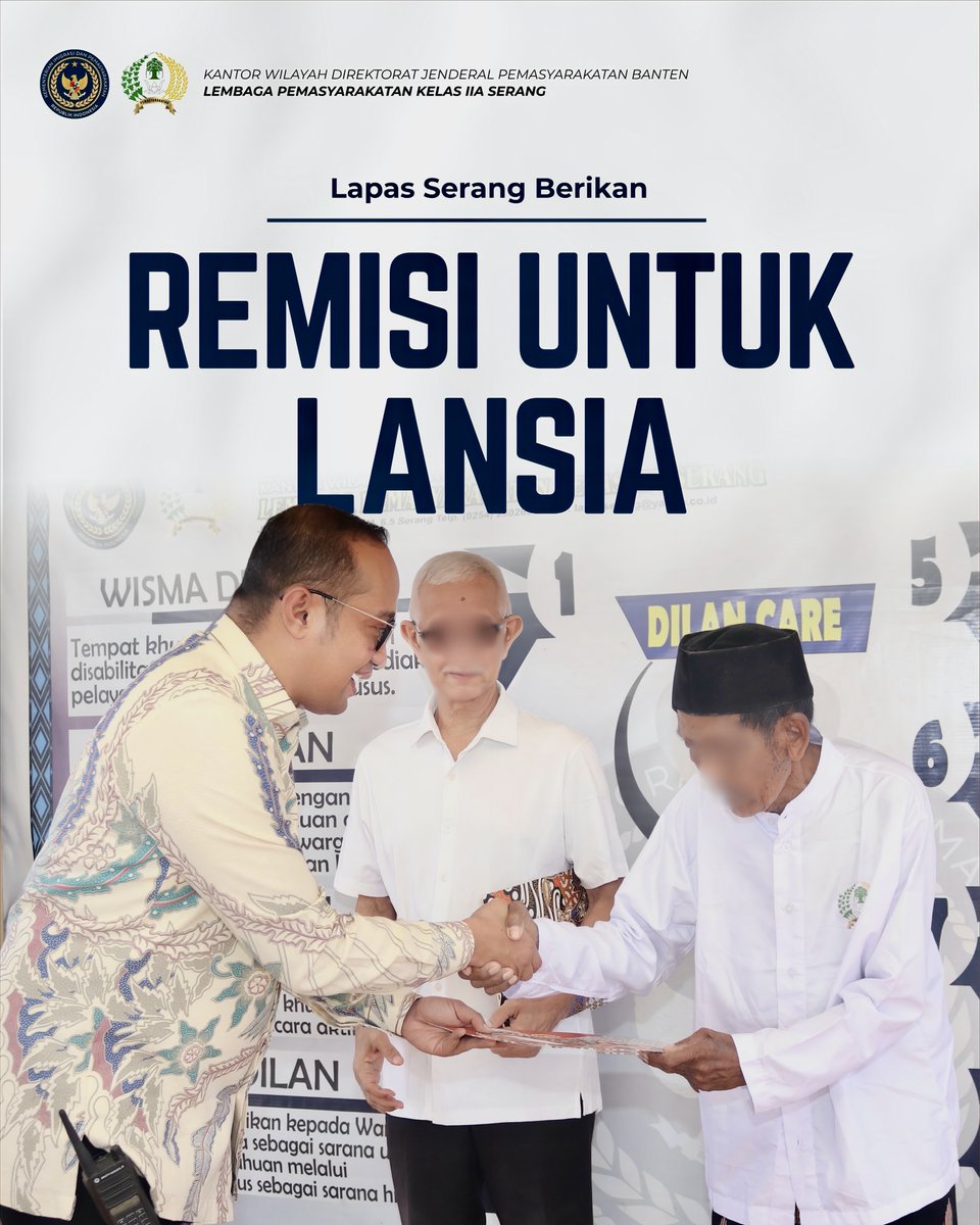 lapas_serang's tweet photo. Lapas Kelas IIA Serang memberikan remisi kepada Warga Binaan Pemasyarakatan (WBP) lansia di Blok Dilan Care (Disabilitas dan Lansia). Remisi diserahkan langsung oleh Kalapas Serang sebagai bentuk penghargaan atas perilaku baik dan keikutsertaan dalam program pembinaan. https://t.co/A8RpQiFIQH