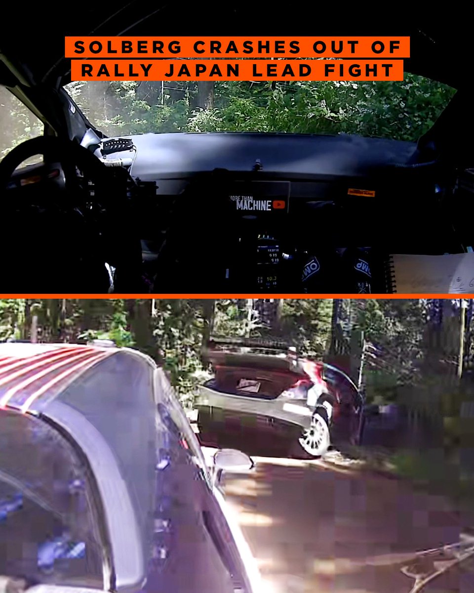 DirtFishRally's tweet photo. Solberg has crashed out of Rally Japan! 💥

He overshot a left-hander, grabbed the handbrake and smacked the right rear into a tree – he's out of the car and helmets off, day over ❌ https://t.co/ACiL5h2v1G