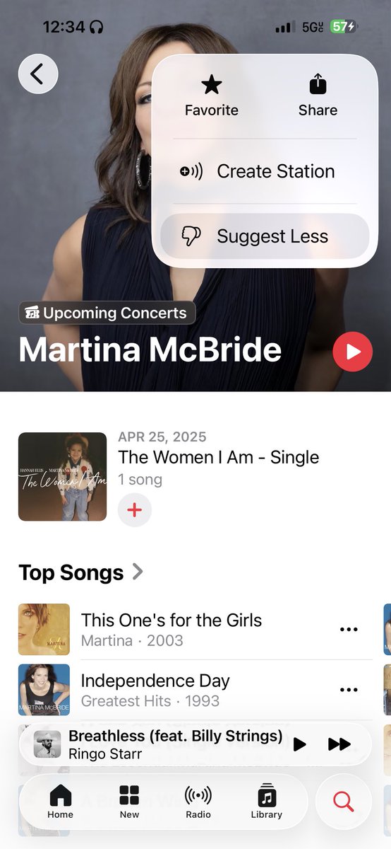 dwitb's tweet photo. @martinamcbride Look at that. The comments arent going the way she was hoping. But anyway…. Let’s have Apple Music suggest Martina less. https://t.co/q97YIW7MwX