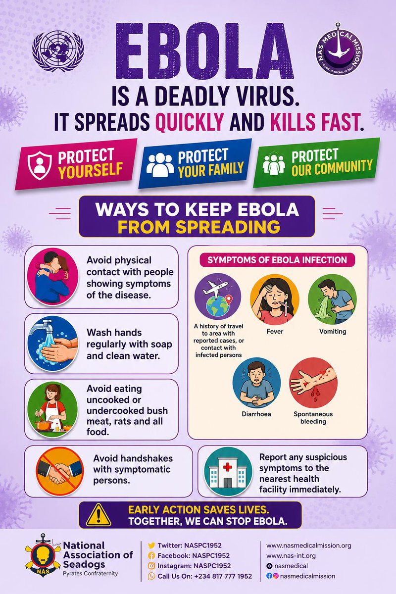 nasmedical's tweet photo. NATIONAL EBOLA VIRUS DISEASE (EVD) PUBLIC HEALTH ADVISORY

In support of the @Fmohnigeria, @NCDCgov, @WHO, and International Public Health Partners, the National Association of Seadogs, through the NAS Medical Mission, hereby issues this nationwide public health advisory. https://t.co/3soJC517B2