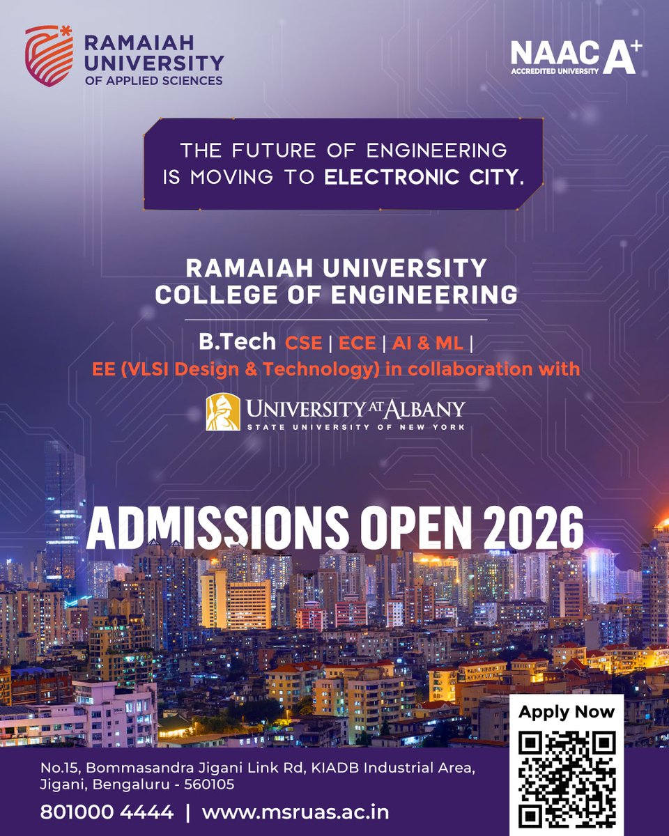 MSRUAS's tweet photo. Engineering education works differently when placed at the heart of a technology ecosystem. Located in Electronic City, RUCE offers future-ready https://t.co/5VQZKgG7WH programmes, hands-on learning, and industry exposure in Bengaluru’s growing tech hub. Admissions Open 2026. https://t.co/vQw4inZhvn