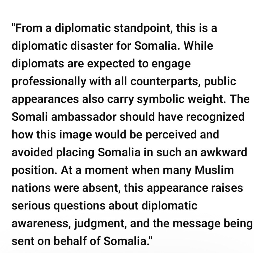 m_amb's tweet photo. From a diplomatic standpoint, this is a diplomatic disaster for #Somalia. While diplomats are expected to engage professionally with all counterparts, public appearances also carry symbolic weight. The Somali ambassador should have recognized how this image would be perceived . https://t.co/xHV7Evi6KL