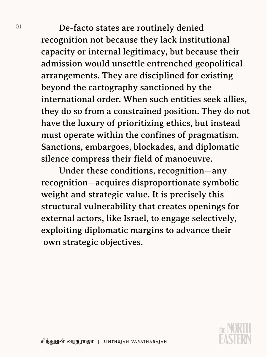 northeast_mag's tweet photo. EXCERPT: In this essay, சிந்துஜன் வரதராஜா (Sinthujan Varatharajah, @varathas) argues that the recognition of statehood functions as a tool of power, exposing hierarchies embedded within the international order. https://t.co/9sAZAUGYZm