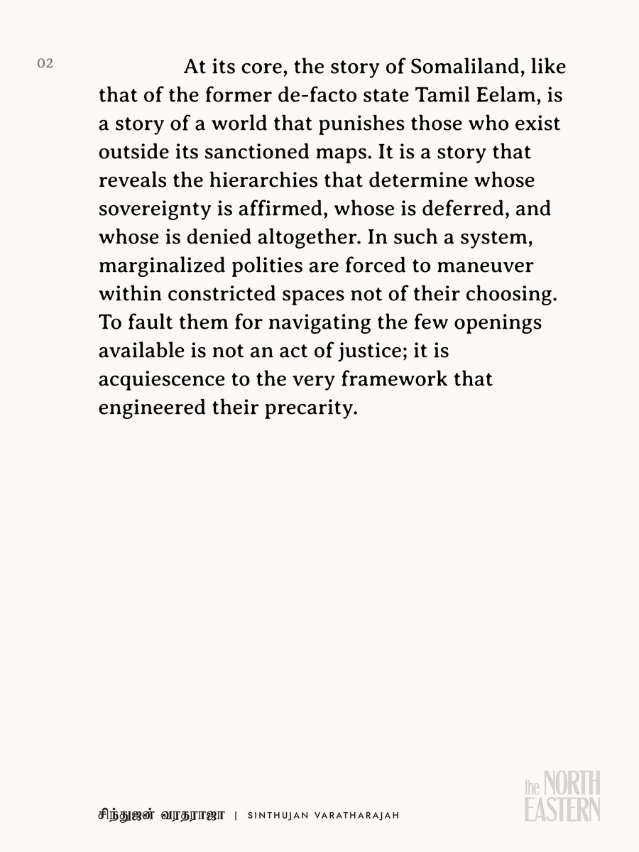 northeast_mag's tweet photo. EXCERPT: In this essay, சிந்துஜன் வரதராஜா (Sinthujan Varatharajah, @varathas) argues that the recognition of statehood functions as a tool of power, exposing hierarchies embedded within the international order. https://t.co/9sAZAUGYZm