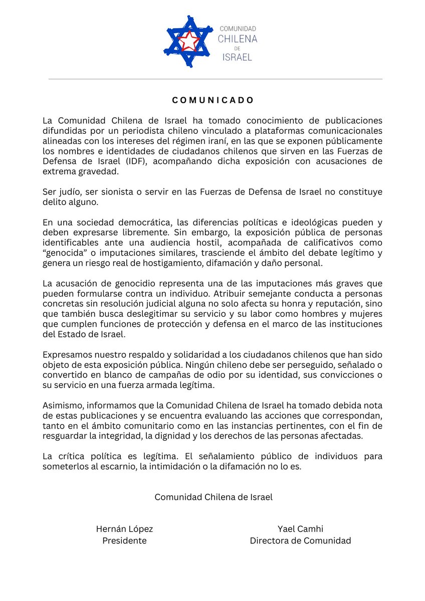 CoChilenaIsrael's tweet photo. Que nuestros jóvenes colaboren en la defensa del país es un deber y honor que defenderemos como tal ante la opinión pública y quien intente menoscabar la dignidad de nuestros jóvenes recibirá una respuesta sin contemplaciones. https://t.co/rz9AxBo7BK