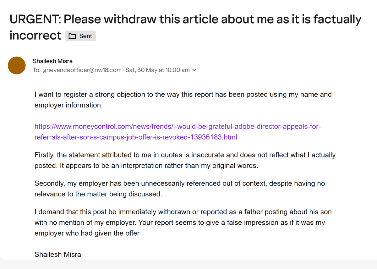 misrashailesh's tweet photo. I have formally raised a grievance on your email, and I demand that this post be immediately removed. This uses my name without my consent and quotes me incorrectly. And pulls my employer out of context. https://t.co/GC1KGoJCyE