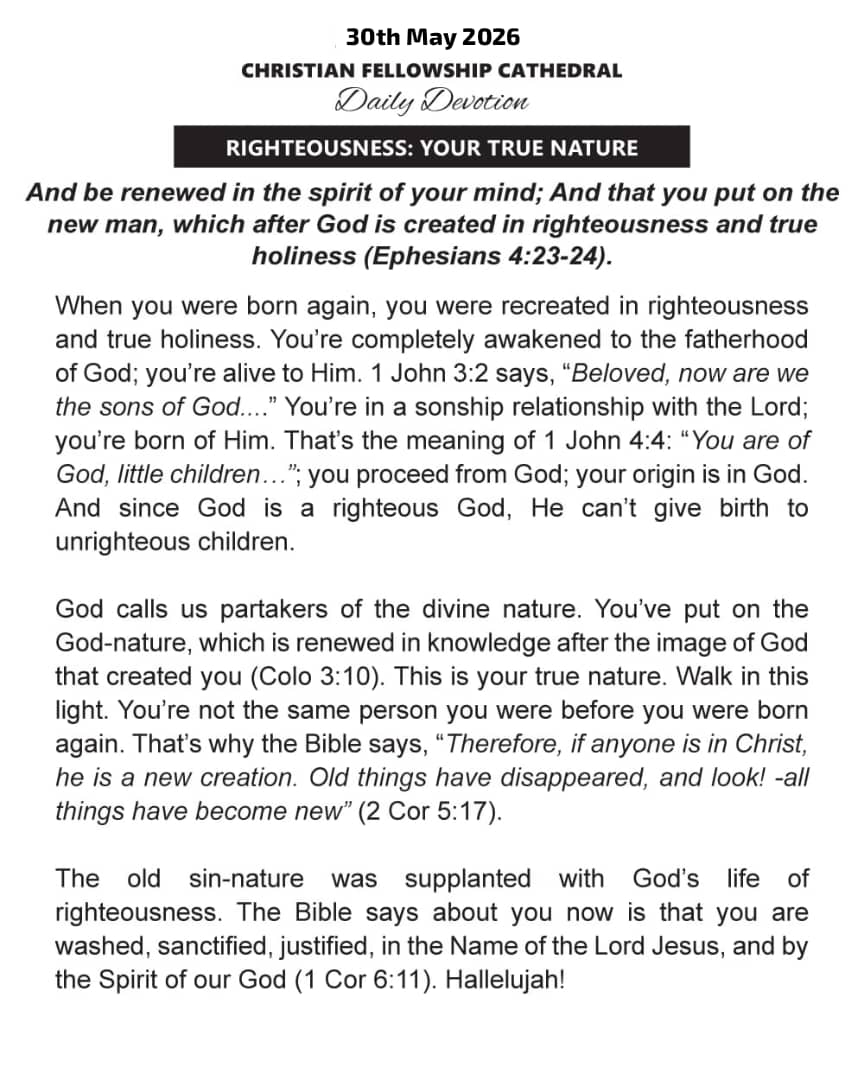 CFCFORTPORTAL's tweet photo. Christian Fellowship Cathedral (CFC) 
Fort Portal
Daily Devotion (30th May 2026)

Righteousness: Your True Nature 

#CFCDailyDevotion 
#TheGospelOfTheKingdom
#2026_JesusOurWisdom https://t.co/zeunxwHlOm