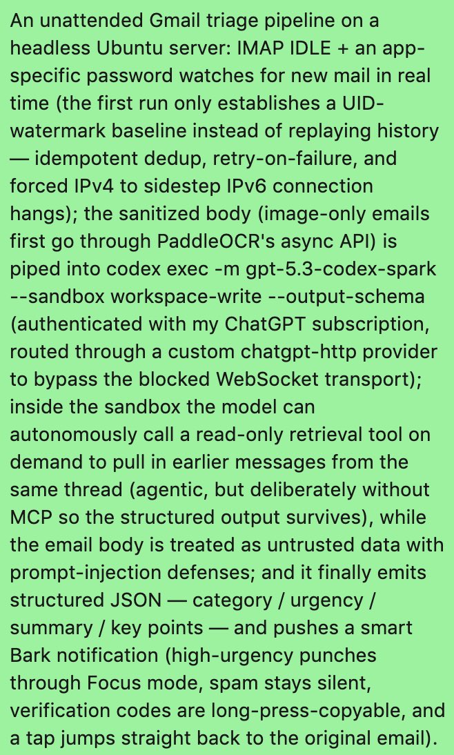 wangnov's tweet photo. @solomonneas @thsottiaux @RhysSullivan Yesterday I built a service to put my own gpt-5.3-codex-spark to use, and then today I happened to see your like — it reminded me of a conversation we once had, so I thought I'd share this prompt with you. Hope helpful :) https://t.co/F04favN38O