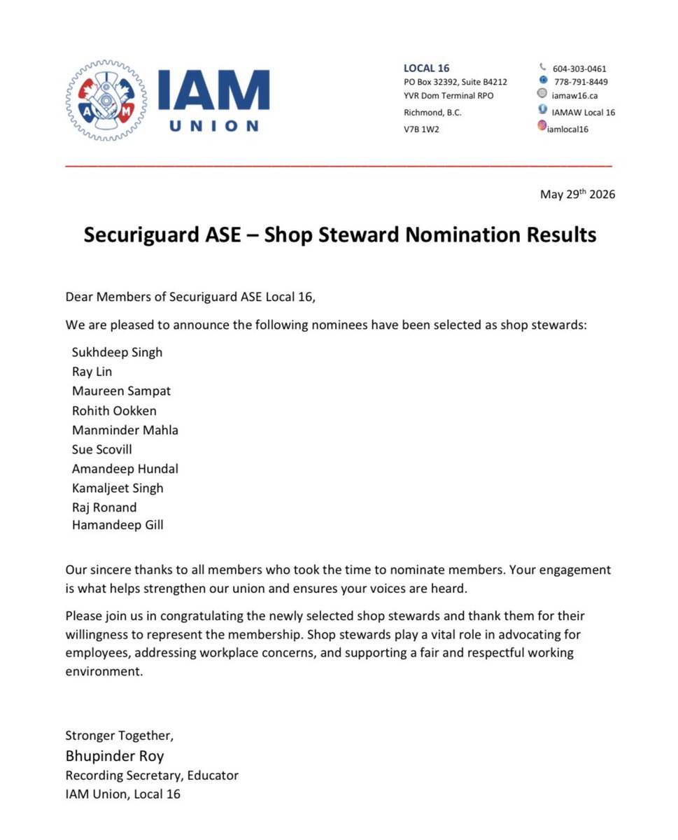 iamll16's tweet photo. Securiguard ASE – Shop Steward Nomination Results https://t.co/LggS4fMVrL #IAM #union #YVR #Securiguard #L16 https://t.co/6gTAKs1tJc