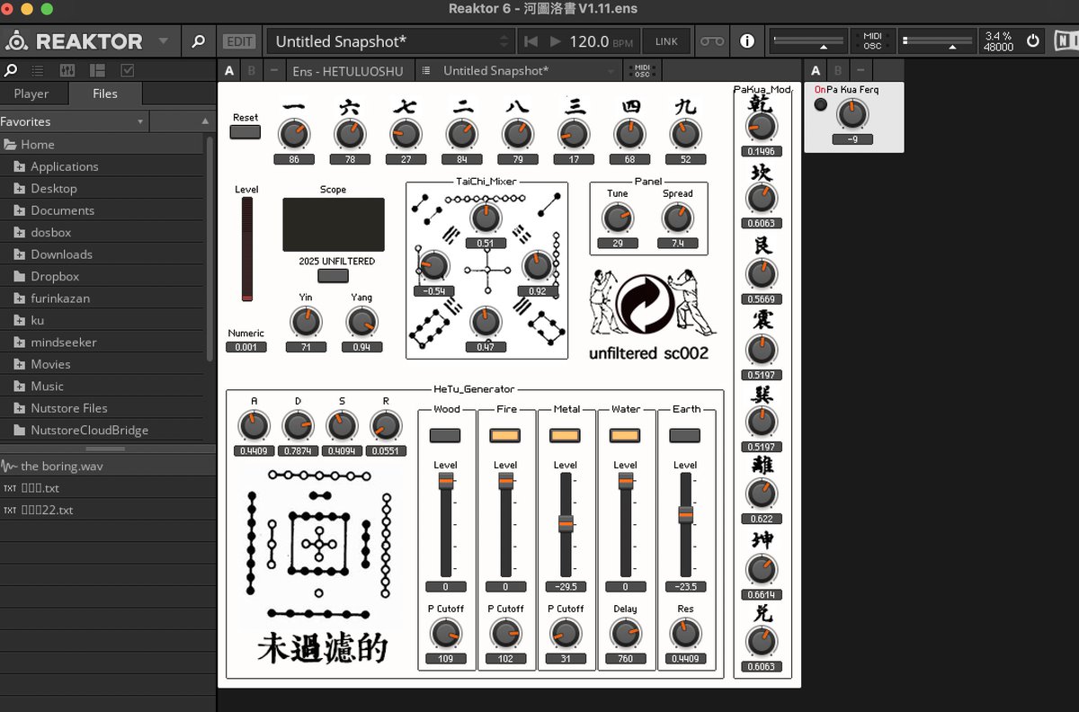 ninjablade9999's tweet photo. unfiltered sc003 河図洛書 Ensemble（改訂版）
不要なモジュールを削除し、構造を見直しました。
機能追加というより、少し身軽になったバージョンです。
パネル部分は現在一時的に無効化しています，次回バージョンで改めて調整する予定です。
Google Drive:
https://t.co/h5GzMwP39P https://t.co/dfvpvpdJgE