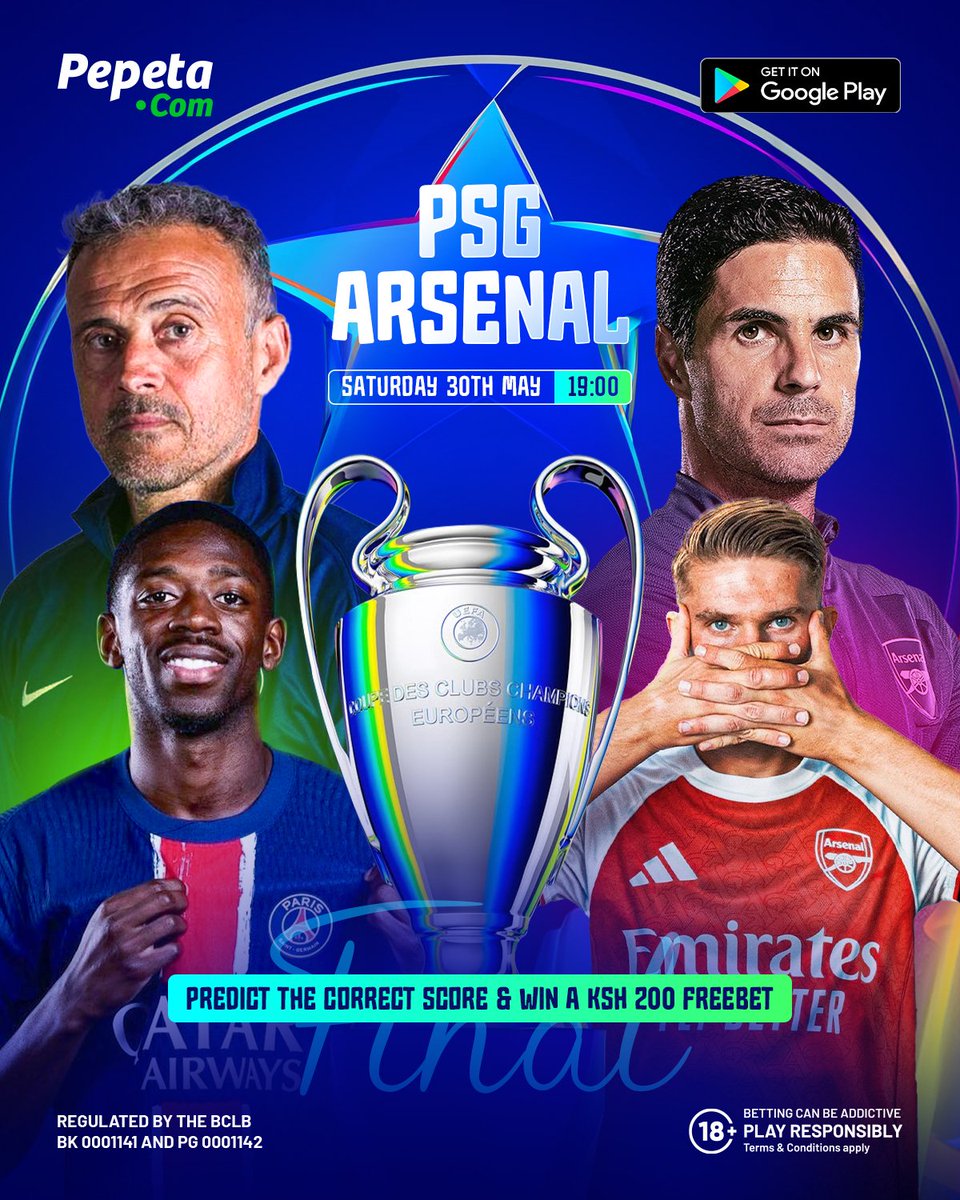 pepeta_bet's tweet photo. The gunners wamefika 1st final in 2 decades while PSG watakua wanadefend title yao.

Kama unaaminia Arsenal watafanya mambo, bado odds ni moto, Haters pia msibaki nyuma, pea PSG kichwa ama cheza na any of our 150+ markets.

Itakuwaje?
Predict the CORRECT SCORE for a chance to win a 200BOB FREEBET 

T&C's
1. You MUST share this post
2. Answers posted after kickoff time WILL NOT be considered
3. One comment/answer per account
4. Edited comments will be disqualified
5. You MUST have a Pepeta account 

Trivia ends today by 6.58pm