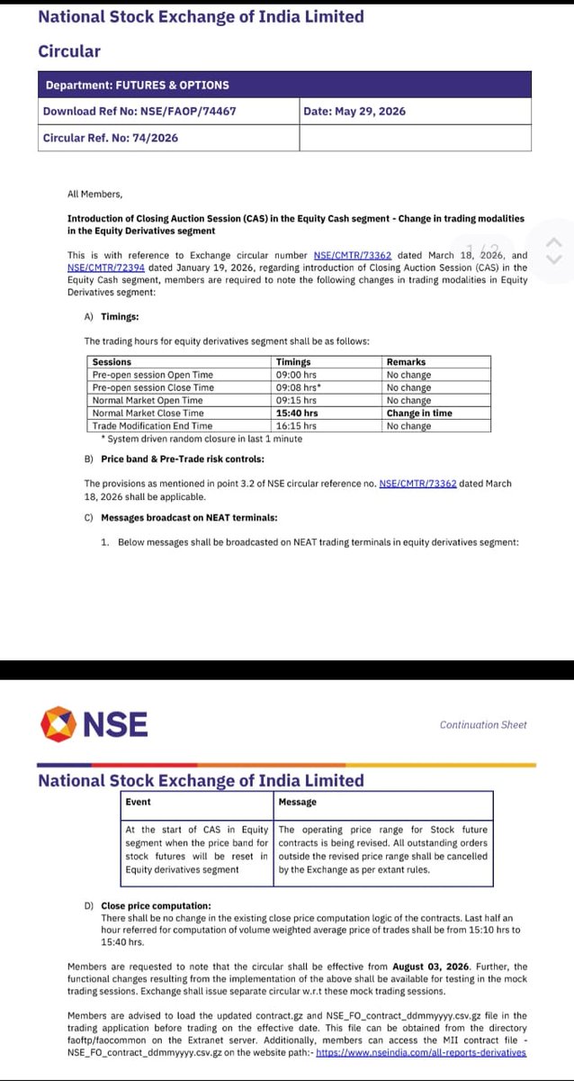 mmojha's tweet photo. 📊 NSE Trading Hours Change 📊

From 3 Aug 2026, F&O market close shifts ⏰ 3:30 → 3:40 PM

Why? 
🔹 Cash segment gets a new Closing Auction Session (3:15–3:35 PM) to fix the day’s closing price
🔹 F&O stays open 10 extra mins so you can hedge/adjust positions against the final cash close
🔹 No more blind gap at the bell ✅

Note:
✔ Pre-open, open time — no change
✔️ Close price VWAP window → 3:10–3:40 PM
✔️ Trade modification till 4:15 PM — same

Plan your end-of-day exits accordingly! 🎯
