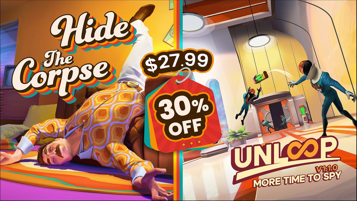 RealcastAR's tweet photo. Get groovy and save big! 🕺🔎

Grab the Shagadelic Bundle featuring Hide The Corpse and Unloop: More Time to Spy for 30% OFF.

Two mind-bending, retro-styled games for just $27.99. Don't miss out on this killer deal! 👇

#GamingDeals #IndieGames #VRGames https://t.co/zsBfwHI1uO