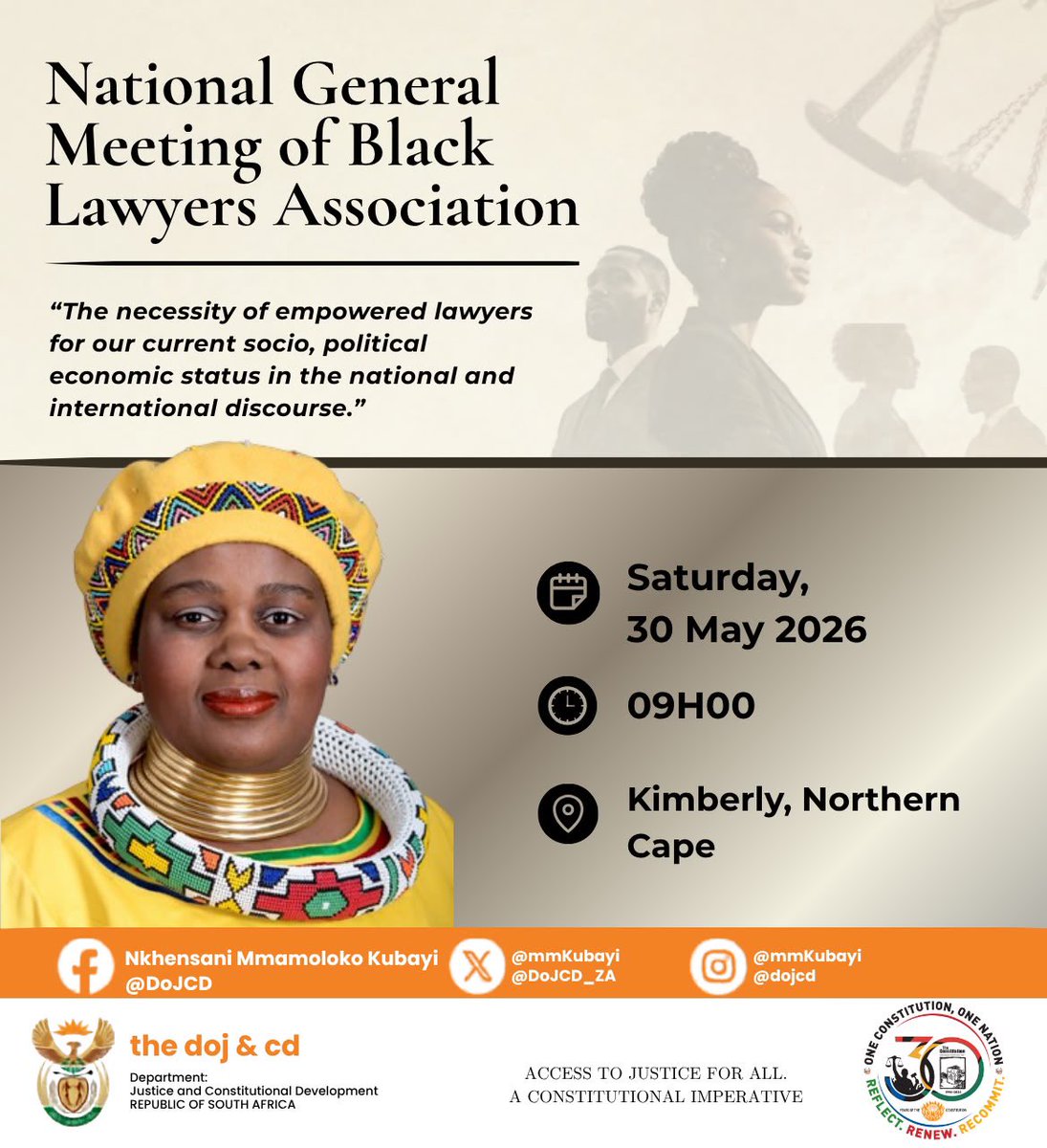 DOJCD_ZA's tweet photo. Today, Minister of Justice and Constitutional Development,
Mmamoloko Kubayi, will deliver the the keynote address at the Black Lawyers Association (BLA) National General Meeting in Kimberley, Northern Cape.

#AccessToJusticeForAll
#GovZAUpdates https://t.co/b0YqNLVgFW