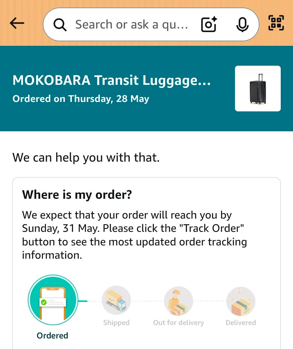 ram_desh's tweet photo. @my_mokobara lovely design. Saw bag on 27th and ordered on 28th via Amazon. The promised DoD was 30th. I'm flying out on 31st. Amazon is confusing. Customer service page says May 30; track order page says May 31
If 31, I will cancel.  Need to confirm @amazonIN please help. https://t.co/c8GD4aAsro