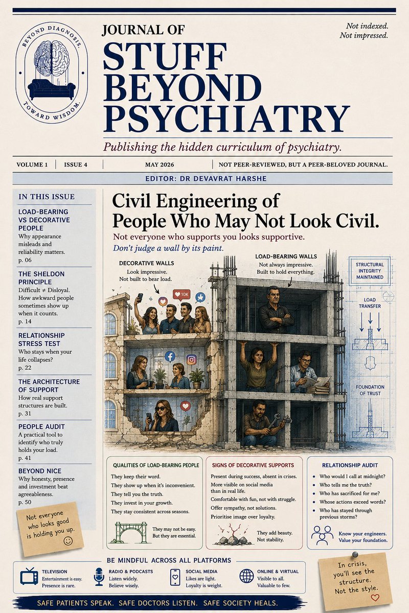 DocDevavrat's tweet photo. The #Journal of Stuff Beyond Psychiatry. 
Vol. 1, No. 4. Skill: Civil Engineering
Every building has two kinds of walls, and from the inside they look exactly the same.

Which Supports Are Structural and Which Are Decorative

One holds the roof up. The other divides the room. Both get painted the same colour, hung with the same pictures, finished with the same skirting. Stand in the room and you cannot tell which is which. 

The two walls

A load-bearing wall carries weight. Remove it and that load has nowhere to go. The structure sags, cracks, and eventually fails.

A partition wall carries nothing but itself. It exists to divide space and to look like a wall. It is genuinely useful. It gives you privacy and somewhere to hang a painting. But it holds up nothing. You can remove it on a whim and the house does not notice.

Here is the part that matters. You cannot tell them apart by appearance. The smoothness of the finish tells you nothing about the structure. The decorative wall is often the better looking one, precisely because it has no load to carry and can afford to be smooth.

The people version

People are the same. Some of the people around you are load-bearing. When the weight of your life goes up, illness, money, grief, a 2 a.m. crisis, they take some of it. Others are decorative. They are pleasant company, they make the room nicer, and when the load goes up they carry none of it. Not because they are bad. Because that was never their function.

And as with walls, you cannot sort them by how pleasant they are to stand next to. This is the error. People assume the agreeable ones are the supports and the difficult ones are dead weight. It is frequently the other way round.

Exhibit A: 
Consider Sheldon Cooper.

By any reasonable social measure, Sheldon is a problem. He is rigid, condescending, and tone deaf. He keeps a schedule for the bathroom. He explains things nobody asked to have explained. To Penny, his neighbour, he is openly rude. He informs her that she is a failed waitress. He notes that the acting career is not happening. He keeps an itemised mental ledger of what she owes him. Spend an evening with him and you would call him a pain, and you would be correct.

However..
When Penny slips in her bathroom and dislocates her shoulder, alone and unable to move, it is Sheldon who comes. He hates germs. He hates disruption to his routine. He is visibly horrified by the entire situation. And he gets her dressed, drives her to the hospital, and stays. When she later needs to learn the material for a job she is not qualified for, he does the unglamorous, accurate work of actually teaching it to her. He shows up. He tells her true things she does not want to hear. He carries weight.

Sheldon is a load-bearing wall. Rough finish. Scrapes your knuckles when you pass. Does not move when you want it to move. And it is holding up the roof.

Blunt is not toxic

This brings us to the distinction that the word "toxic" has nearly destroyed.

Blunt is not toxic. A pain is not toxic. Honest is not toxic.

Toxic has a specific meaning, and the meaning is structural. A toxic person does not merely fail to carry your weight. They transfer their weight onto you. They extract. They distort your information so that you make worse decisions. They are warm when it costs them nothing and absent the moment a load appears. Toxic is a partition wall that has somehow also started rotting the foundation.

Sheldon is none of that. When he calls Penny a failed waitress, the information is accurate, it is offered in the open, and the cruelty buys him nothing. It is tactlessness, not extraction. So the test is not "did it sting." Structural walls scrape you constantly. The test is the direction of the weight. Is this person taking load off you, or loading you up?

How to find the load-bearing walls

Three questions, then, to find the supports and to stop mistaking them for the decoration.

First, what happens under load. Not on a good day. On the worst day. Decorative walls are wonderful on good days, which is exactly why they fool you. You learn a wall's job only when you put your whole weight on it.

Second, which way the weight is moving. A blunt friend hands you accurate, uncomfortable information and leaves you stronger than they found you. A toxic one hands you their moods, their problems, and their version of reality, and leaves you carrying more than you arrived with. 

Third, what it costs them to show up. The decorative person gives you what is free: agreement, flattery, easy company. The load-bearing person gives you what is expensive: time, honesty, the hospital run at an hour that wrecks their week. 

Two warnings

Do not knock out load-bearing walls because they are unpleasant. The fashionable advice is to remove anyone who causes discomfort and keep the company that soothes. 

And the opposite warning, which matters just as much. Bluntness is not a permit. Not every unpleasant person is a secret pillar. Some difficult people are simply difficult and also carry nothing, abrasive and decorative at the same time. And some genuinely toxic people will tell you they are "just being honest" right up to the moment they extract. You still have to check the load path. Honesty, plus reliability, plus a cost paid to show up. All three. 
Cruelty on its own is just cruelty.

Why this is our business

For us in psychiatry the application runs two ways.

Patients arrive mid-renovation. They are worn out by the blunt parent, the demanding mentor, the friend who keeps saying the hard thing, and they are being told from every direction to cut these people loose. 

Part of our job is to help them check the structure before they swing the hammer. 

The other part, equally, is to help them name the genuinely toxic relationships. The skill is the distinction. It is never a blanket rule in either direction.

Find the people who hold weight. Forgive them their finish.

@psychidiaries 
This is the recent version. Will share the last week's one now. 

#MedTwitter
#PsychTwitter