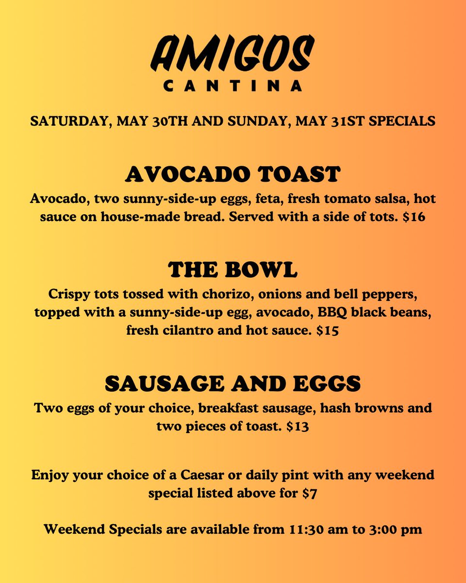 AmigosSK's tweet photo. Check out our weekend specials! Available Saturday and Sunday between 11:30am to 3pm (while quantities last)

Our full menu is also available for dine-in and takeout! 👉 https://t.co/CIbxsehRBg 

806 Dufferin Ave — 306-652-4912 https://t.co/MeDu9m35jc