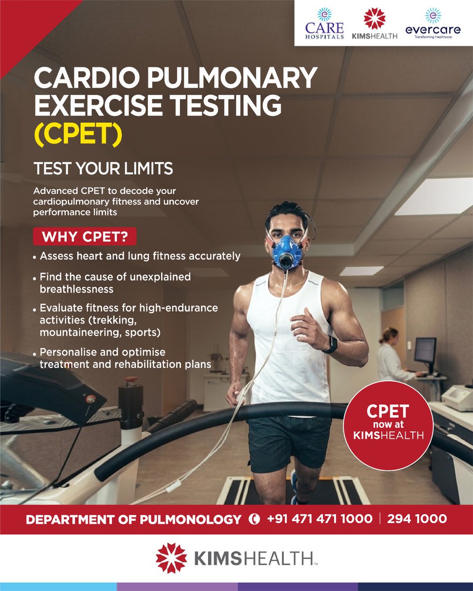 hospital_kims's tweet photo. Introducing Cardiopulmonary Exercise Testing (CPET) at KIMSHEALTH

Now available at the Department of Pulmonology, KIMSHEALTH Trivandrum.

📞 +91 471 471 1000 | 294 1000

#KIMSHEALTH #CPET #CardiopulmonaryExerciseTesting #Pulmonology #LungHealth #HeartHealth #ExerciseTesting https://t.co/4L2ypdDA1O