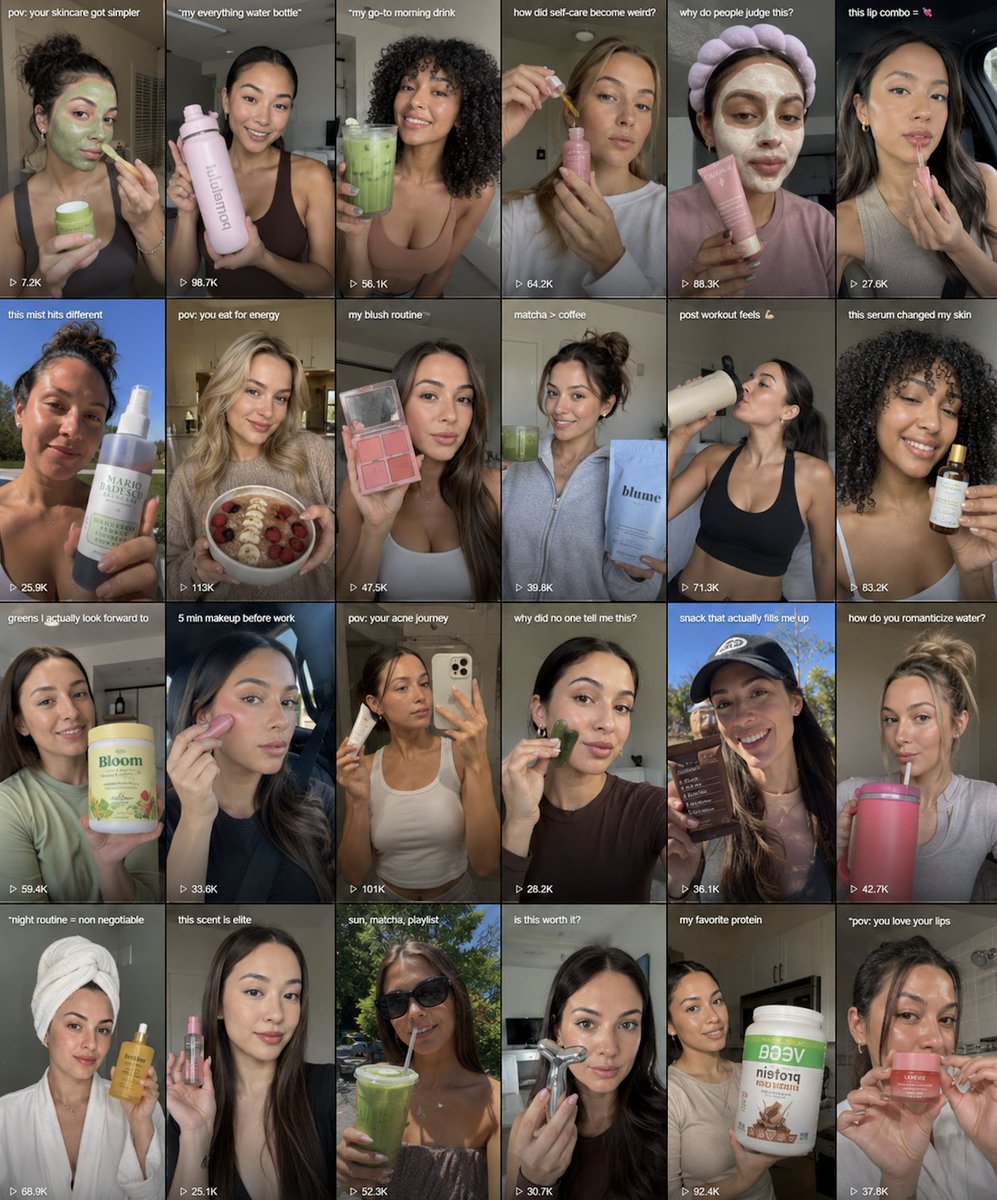 davidfigeira's tweet photo. beauty brands used to scale by finding one creator that hit

now the winners build 25 tiny routines around the same buyer

one angle is skincare
one is matcha
one is lip care
one is protein
one is “get ready with me”
one is post-workout self-care

same market

different moments of her day

that’s why a $73k/month offer can scale without looking like it’s scaling

the ad doesn’t feel like an ad

it feels like the content she already watches

ai lets you build the whole feed around the buyer

not just one creative

rt + comment "routinegrid" and i’ll send you the ai beauty content system
(follow for dm)