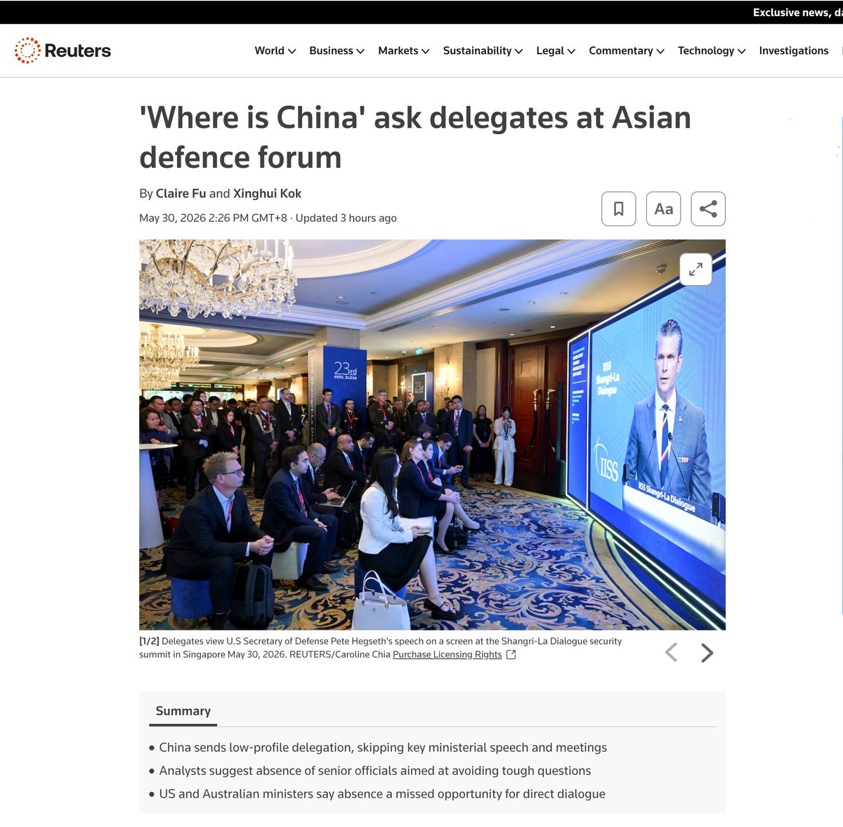 OopsGuess's tweet photo. “Where is China?”

This question has two meanings:
China matters.
And China is ignoring Shangri-La.

China does not owe attendance to every U.S.-anchored propaganda forum dressed up as an “Asian security dialogue.”

Shangri-La was never neutral.
Its real purpose is to put China on trial, giving Washington and its Asian client states a stage to perform moral outrage, recycle “China threat” rhetoric, and pretend containment is regional consensus.

If China attends, they stage an interrogation.
If China skips, they cry about “refusing dialogue.”

This was never communication.
It was merely a declining empire demanding that China enter a courtroom built by its accusers.

China has no obligation to satisfy the comfort needs of the United States and its clients.

China has never needed to conform to a Western narrative framework.
It is too large to be framed.

It is the framework.