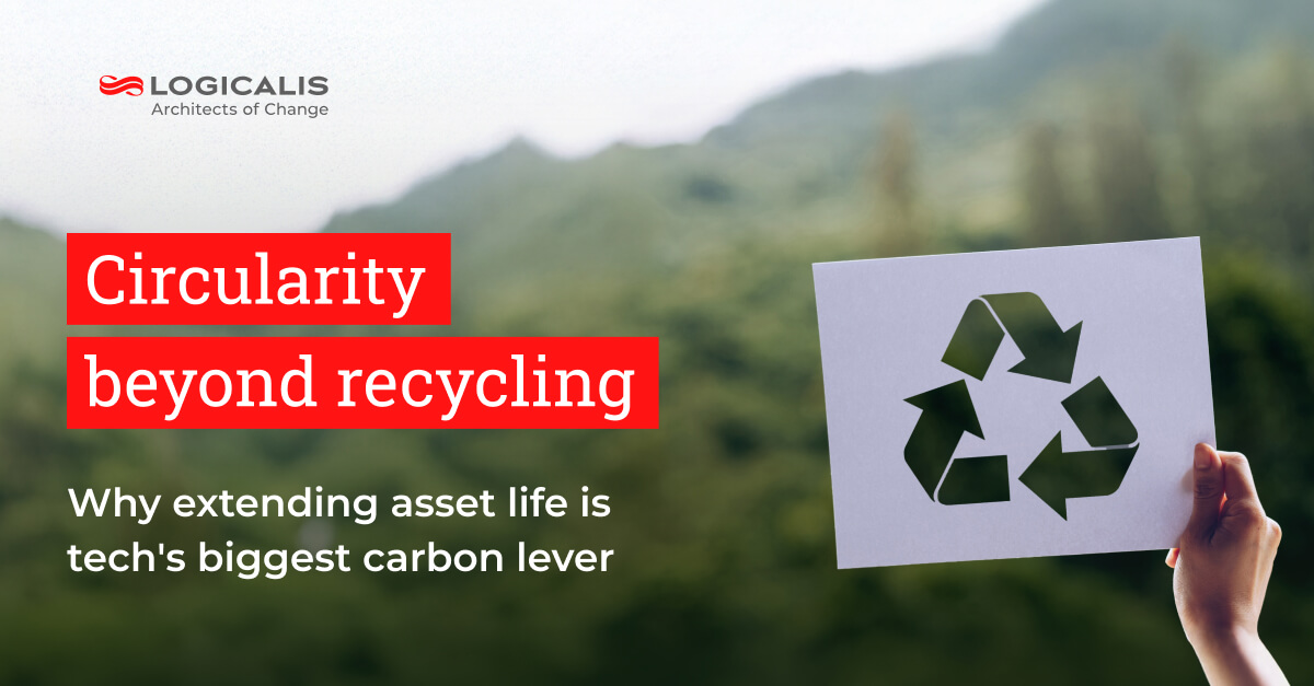 Logicalis's tweet photo. Most organisations see recycling as the answer to sustainable IT, but the biggest impact happens much earlier. 
Extending the life of your technology can significantly reduce emissions, cut costs, and strengthen resilience.
Link in the comments 👇 https://t.co/qjKwTOLiR7