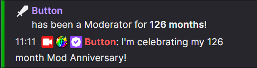 ButtonTwitch's tweet photo. Shoutout to me for moderating my own channel for 126 months 😂 https://t.co/cShzuDqR1l