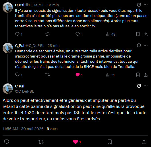 PhileasGatsby's tweet photo. MDR

Il prend un train TRENITALIA (qui pompe les bénef uniquement des lignes les + rentables, qui servaient à l'entretien du réseau).
Son train TRENITALIA tombe en panne.
Il accuse quand même la SNCF.

Dieu se rit des hommes qui déplorent les effets dont ils chérissent les causes https://t.co/H2Bj6OEgU6