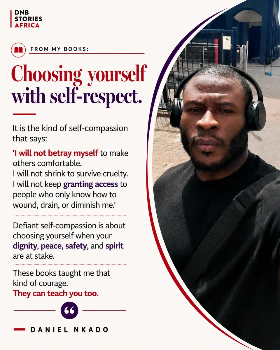 DNBStories's tweet photo. This kind of compassion does not betray the self to keep others comfortable.

My books taught me this kind of courage.

They can teach you too.

My books are available on AMAZON:

https://t.co/U86lvlX0On

#DefiantSelfCompassion
#SelfRespectFirst
#BooksThatTeach
#DanielNkadoBooks https://t.co/vCHuFTk0mK
