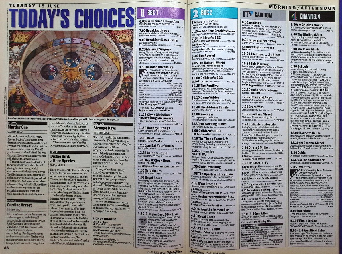 TvDidYouSee's tweet photo. #OnThisDay 18 June 1996 📺TV Listings
It's England v Holland in EURO 96.
#PeterOBrien stars in medical drama CARDIAC ARREST.
Cindy dents Ian's pride in #EastEnders.
What's the truth about Frank and Kim's reconciliation in #Emmerdale? 
#AlfredMolina stars in REQUIEM APACHE. https://t.co/qP9PBUzvWl