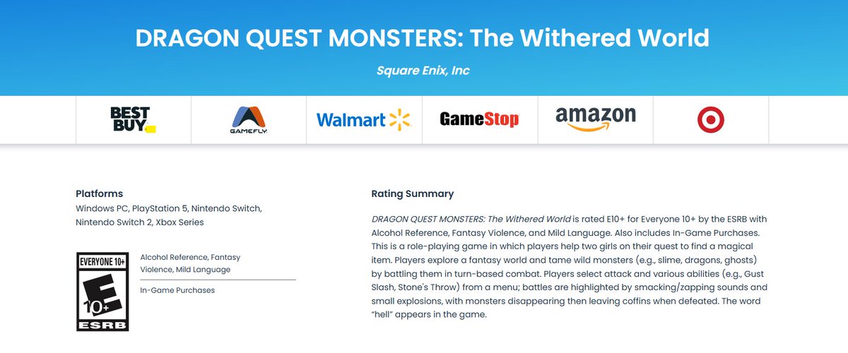 Stealth40k's tweet photo. Dragon Quest Monsters: The Withered World was rated by the ESRB.

- Turn based combat returns
- The story is about Bianca and Nera searching for a magical item. https://t.co/zAj6AGASaE