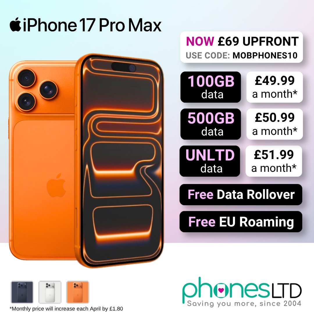 Phones_Limited's tweet photo. Get the incredible iPhone 17 Pro Max at the lowest UK prices! 
Find the advertised plans and compare the cheapest deals today, on our website here >>> 
iPhone 17 Pro Max 256GB Cosmic Orange 
https://t.co/a3UQP4K2Ep 
iPhone 17 Pro Max 256GB Deep Blue 
https://t.co/ukMLupvE0N
iPhone 17 Pro Max 256GB Silver 
https://t.co/NSNpytCeSr
#iphone17promax #apple #iphonedeals