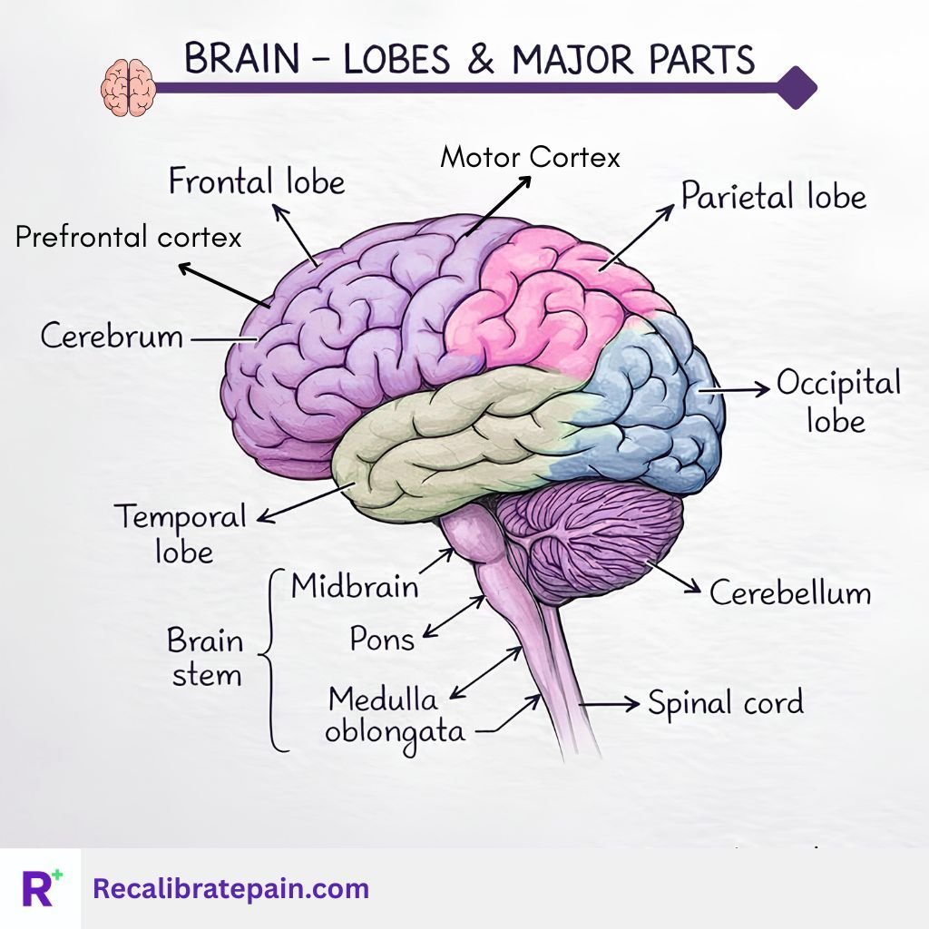 RecalibrateApp's tweet photo. Inside Your Own Brain: What School Left Out 🧠💭

The lobes of your brain are usually taught as a boring list to memorise. The real story? Each section runs a highly specific operating system that dictates exactly how you experience reality.

Here is what each part is actually running 👇

🧠 Frontal Lobe | The ExecutiveHome to your personality, decision-making, and sense of self. The prefrontal cortex manages focus, working memory, and impulse control. When you feel "not like yourself," this region has likely gone quiet. It finishes maturing around age 25, which is why teenagers feel things far more intensely than they can regulate them.
📡 Parietal Lobe | The MapmakerYour spatial and sensory integration hub. It handles navigation and holds the somatosensory cortex—the brain's internal map of your body. In chronic pain conditions like CRPS or phantom limb, this neural map physically distorts. The brain literally redraws the body in response to persistent pain.
👁️ Occipital Lobe | The ArchitectAlmost entirely dedicated to vision. Your eyes merely capture light, but this lobe builds the physical world you see. Around 30% of your cortex is tied up in visual processing, meaning your reality is a construction project.

🎧 Temporal Lobe | The VaultProcesses hearing, language, and meaning. Because the hippocampus (memory) and amygdala (emotion) both live here, your past memories and emotional weight are permanently braided together.

🪶 Cerebellum | The Dark HorseLong dismissed as just a motor coordinator, we now know it shapes attention, language, and emotional regulation. It holds roughly half of all the neurons in your entire brain, packed into just 10% of its volume.

⚡ Brainstem | The Life SupportThe oldest, deepest structure. It automates breathing, heart rate, blood pressure, and consciousness itself. Everything keeping you alive while you sleep runs through this small column.

🧬 Spinal Cord | The GhostwriterNot just a cable. It processes reflexes and modulates pain, making physical decisions milliseconds before your actual brain even registers what happened.

The strangest part? You are sitting inside this system right now, reading this in complete silence. Three pounds of tissue running every thought, memory, and emotion on just 20 watts of power. The most complex object in the known universe, and it’s yours 💜

Graphic adapted from @Supporting_classes

#Neuroscience #BrainHealth #BrainAnatomy #Recalibrate #BrainScience #Biology