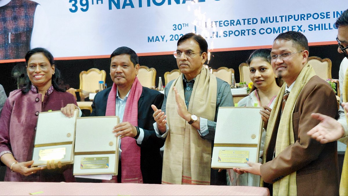 khadseraksha's tweet photo. THE ROAD TO THE 39TH NATIONAL GAMES BEGINS WITH A SHARED VISION, WORLD-CLASS INFRASTRUCTURE, AND THE COLLECTIVE ASPIRATIONS OF THE NORTHEAST.

Attended the review meeting on preparations for the 39th National Games 2027 in Shillong, chaired by Hon’ble Union Minister of Youth Affairs & Sports Dr. Mansukh Mandaviya ji.

The meeting was attended by Meghalaya Chief Minister Shri Conrad K. Sangma ji, Meghalaya Sports & Youth Affairs Minister Shri Wailadmiki Shylla ji, Indian Olympic Association President Dr. P. T. Usha ji, senior officials from the Ministry of Youth Affairs & Sports, and representatives of the North Eastern States.

We reviewed the progress of sports infrastructure development, venue readiness, coordination mechanisms, athlete support systems, and other key preparations to ensure the successful hosting of the National Games 2027.

Today also marked a significant milestone with the inauguration of the Integrated Hospitality & Sports Complex at J.N. Sports Complex, Polo. Developed under the Meghalaya Eco-Tourism Infrastructure Development Project with support from the New Development Bank, this world-class facility will serve as one of the key venues for the 39th National Games. The complex reflects what visionary leadership, strategic planning, and effective execution can achieve in creating lasting sporting infrastructure for future generations.

Another defining moment in Meghalaya’s sporting journey was the signing of the Host State Agreement for the 39th National Games 2027. This is not merely an agreement to host a sporting event, but a reflection of the growing sporting aspirations and capabilities of the Northeast.

What makes these National Games truly special is their regional character. While Meghalaya will serve as the host state, sister states across the Northeast will also have host participation rights in disciplines conducted within their territories, making the Games a unique celebration of regional collaboration, unity, and sporting excellence.

Under the visionary leadership of Hon’ble Prime Minister Shri Narendra Modi ji and the guidance of Dr. Mansukh Mandaviya ji, we are committed to ensuring that the 39th National Games leave behind a lasting legacy of world-class infrastructure, athlete development, and greater sporting opportunities for the youth of the Northeast.

Together, the Northeast is ready to welcome athletes from across India and showcase its strength, hospitality, and immense sporting potential. 🇮🇳🏅
