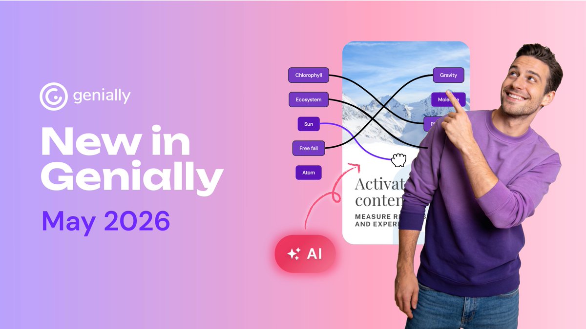 genially's tweet photo. 🆕 Discover what’s new with Genially AI ✨ new tools to create, edit, and adapt your interactive content with greater agility, speed, and creativity: interactive components, images, text, voiceovers, interactive questions, and much more.

Hit play ▶️ https://t.co/11upPTY55R https://t.co/0PdS4oEDcB
