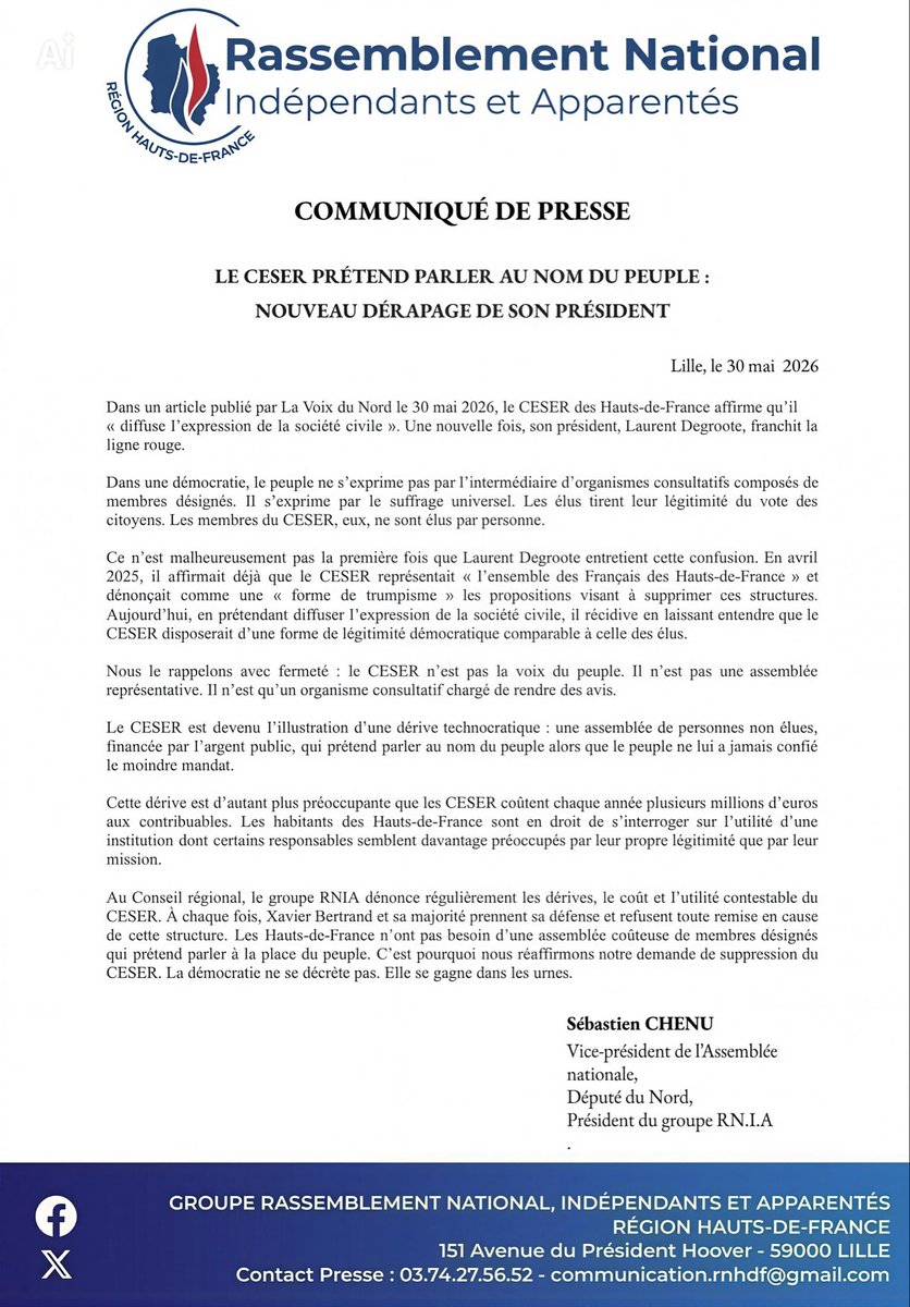 rn_hdf's tweet photo. Le président du CESER franchit encore la ligne rouge en prétendant « diffuser l’expression de la société civile », cette assemblée non élue se prétend représentant du peuple.

La légitimité appartient au peuple et aux élus issus du suffrage universel https://t.co/uuonm0tOyu
