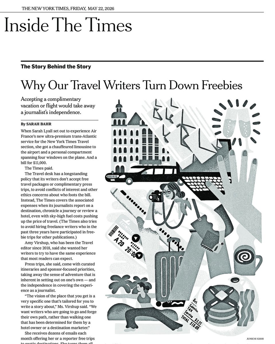 junkdego's tweet photo. \ work /
ニューヨークタイムズ（The New York Times）の「Inside the Times」の記事にてイラスト描きました。
カラー版はWebサイトにモノクロ版は5月22日(金)の新聞紙面に掲載いただきました。

ニューヨークタイムズの旅行担当記者たちには無料旅行のオファーが山ほど届きます。
しかし彼らは一切それらを受け入れません。その理由とその厳格な姿勢こそが報道の信頼性を高めるということを記した記事になります。
イラストでは豪華な旅へのお誘いと、一般の旅行客の現実的な旅行を対比させた構図を、要素を整理し描きました。

ここからは自分の話。
二十歳の頃、３ヶ月間ニューヨークに滞在したことがあります。
その時間は自分がイラストレーターを志すきっかけとなった貴重な時間でした。
もしあの時、ニューヨークに行っていなければ自分は今イラストレーターになっていなかったかもしれません。
そんな思い入れのあるニューヨークで今回大手紙のニューヨークタイムズに自分がイラストを描くことになるなんて
二十歳の自分は想像だにしていませんでした。
人生って面白い！そうつくづく感じました。