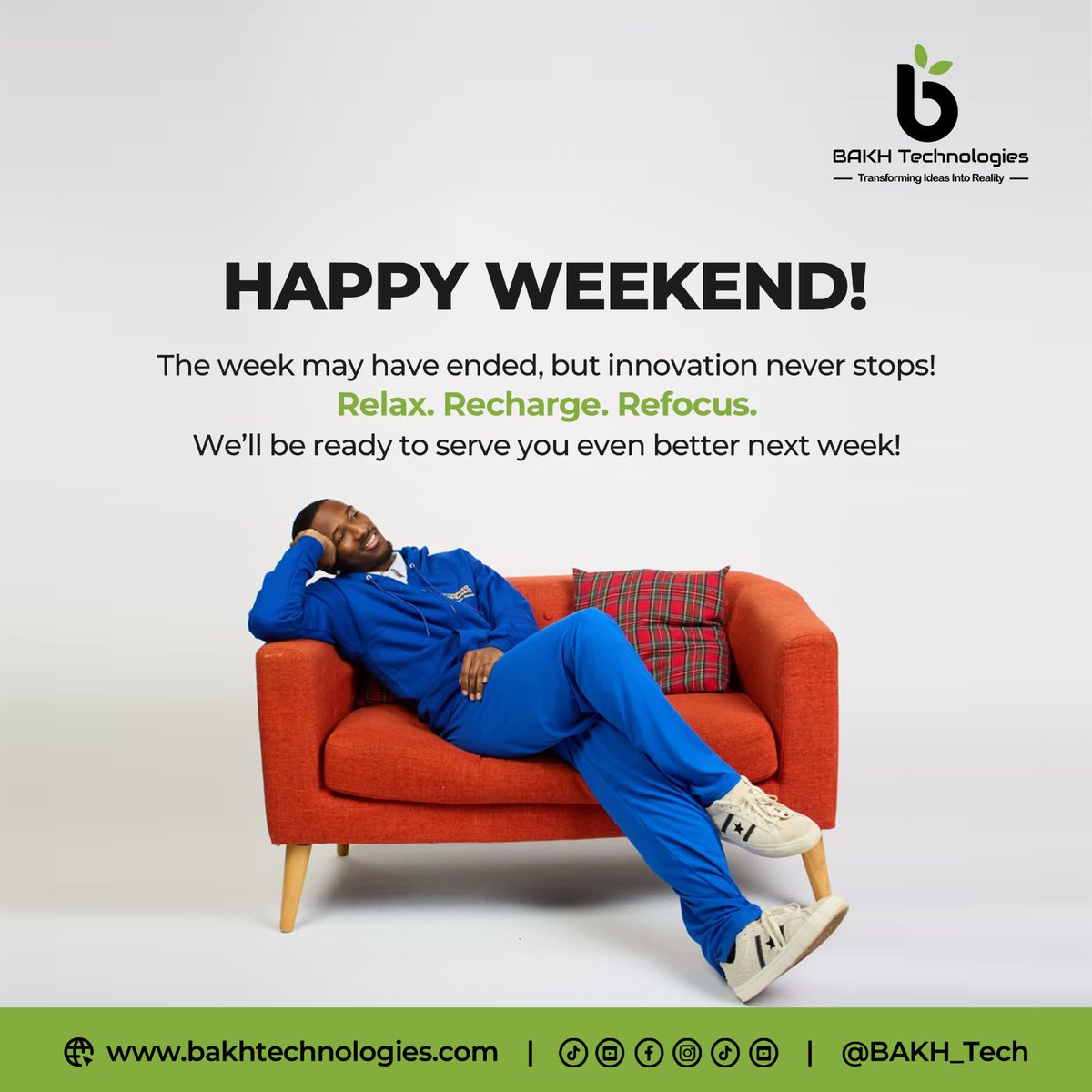 BAKH_Tech's tweet photo. Relax. Recharge. Refocus. 💙

The week may be over, but innovation never sleeps.

Have a great weekend from BAKH Technologies, we'll be ready to serve you even better next week. 

#HappyWeekend #Innovation https://t.co/POBJ5a0dFH