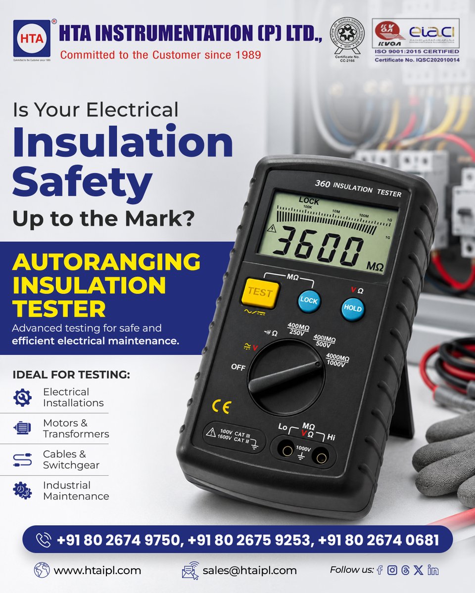 htaipl's tweet photo. Ensure safer and more reliable electrical systems with the Autoranging Insulation Tester from HTAIPL. 

🌐https://t.co/F1bwbGrjuT

#HTAIPL #InsulationTester #ElectricalTesting #ElectricalSafety #IndustrialMaintenance https://t.co/5KUQxuArdq