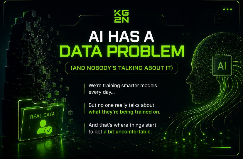 Praise_Eben's tweet photo. AI Has a Data Problem (And Nobody’s Talking About It)

We’re training smarter models every single day.

Faster systems. Better outputs.

But behind all the progress, there’s a quieter question almost no one is asking:

What exactly are these systems being trained on?
@KGeN_IO https://t.co/4GRUsRkBGt