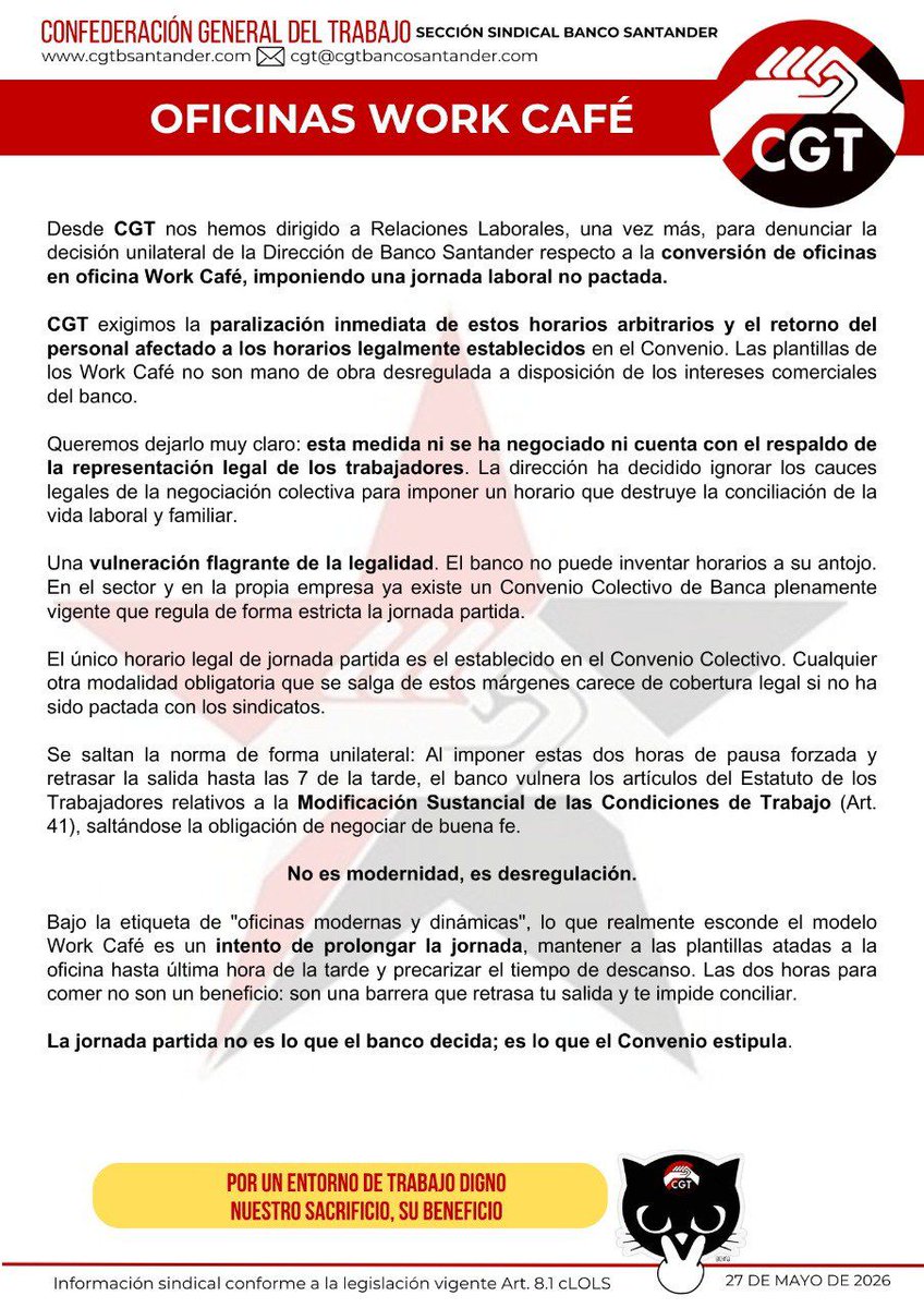 cgtbsan's tweet photo. 📣 CGT denuncia la imposición ilegal de horarios en los Workcafé del @bancosantander
❌No ha habido negociación
❌No existe acuerdo sindical
❌Se vulneran la conciliación y el convenio
#CGT #CGTBancoSantander #Workcafe #Conciliacion #JornadaLaboral #DerechosLaborales #Explotacion https://t.co/LztxpY73Ct