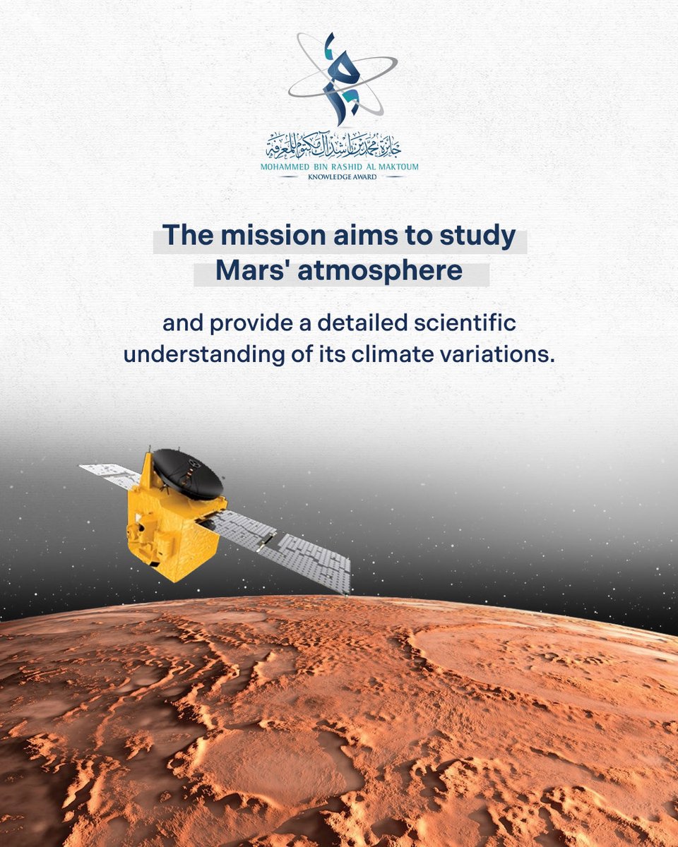 KnowAward's tweet photo. The Emirares Mars Mission “Hope Probe,” received the Mohammed bin Rashid Al Maktoum Knowledge Award 2022. It became the first Arab mission to reach Mars orbit in 2021, showcasing the UAE’s strong presence in the space sector and its continued support for scientific research and exploration.

#MBRF
#MBRKA
#UAE