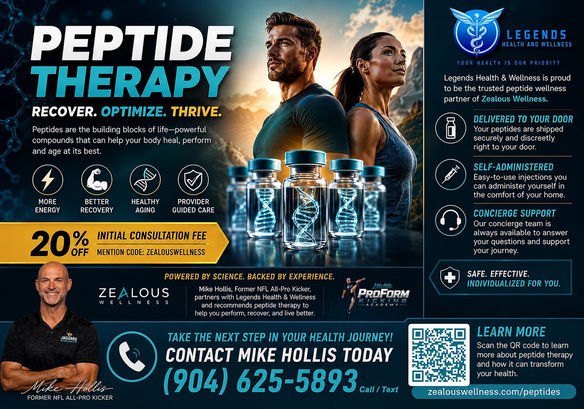 ProFormKicking's tweet photo. Peptides are naturally occurring chains of amino acids that help direct and regulate many of the body’s essential functions, including:

* Muscle growth and recovery
* Fat metabolism and weight management
* Energy production
* Hormone optimization
* Sleep quality
* Cognitive function
* Immune system support
* Tissue repair and regeneration

Think of peptides as the body’s messengers. They tell specific cells what actions to perform, helping the body maintain, repair, and optimize its natural processes.

Interested in learning more about how personalized Peptides can help you? Book a consultation with Legends Health and Wellness today and receive 20% off the initial consultation fee.

https://t.co/si6FIeqY4N