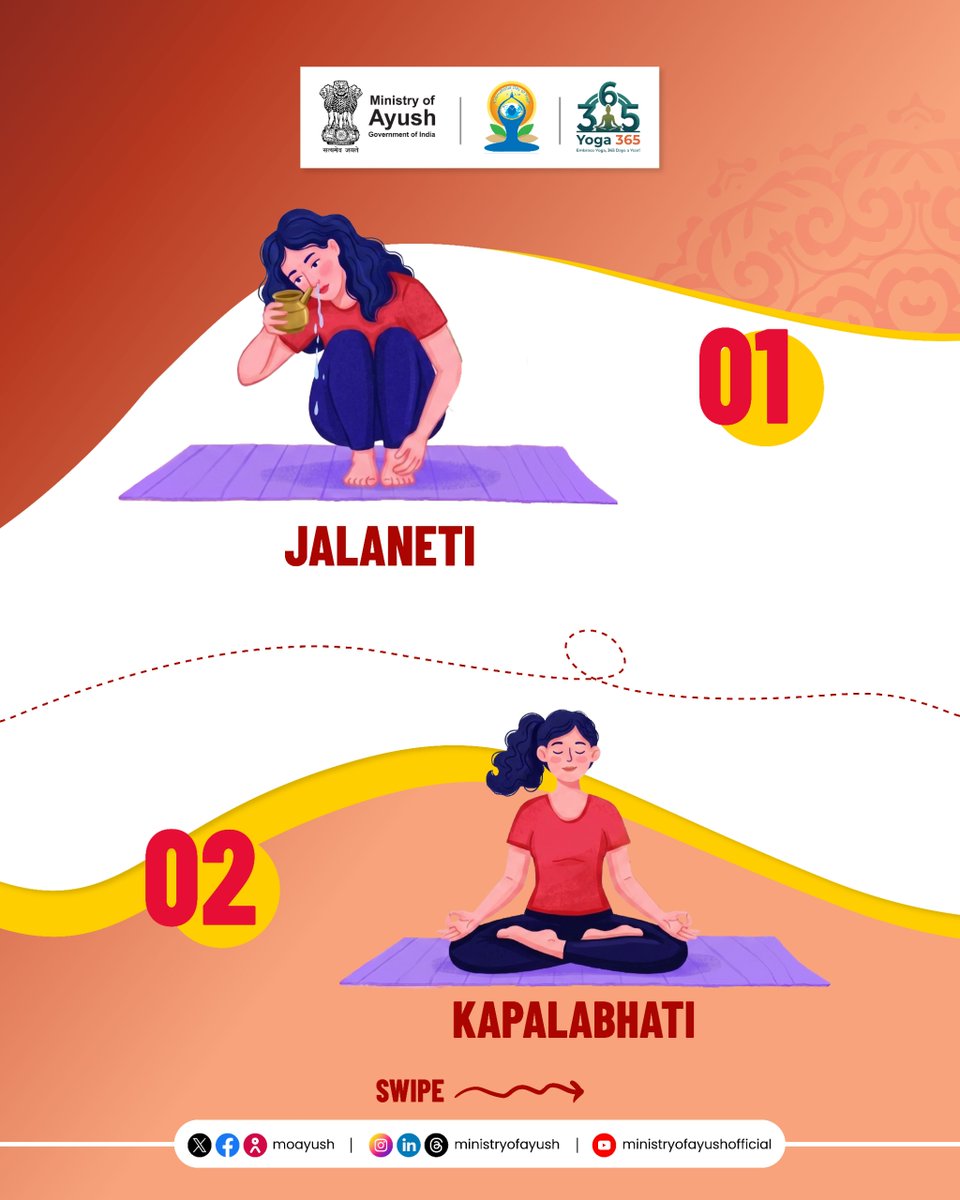 moayush's tweet photo. Be Yog Yukt. Stay Rog Mukt

Every breath you take fuels body and mind, making respiratory care a top priority for overall wellness.

When your natural rhythm feels restricted or out of sync, finding your way back to effortless respiration is essential for maintaining an active lifestyle.
Integrating specific, mindful movements and targeted cleansing routines into daily life offers a proactive way to build internal resilience. Beyond just physical flexibility, these structured habits work synergistically to clear blockages, enhance your endurance, and bring a profound sense of tranquillity to daily life.

Swipe through to explore effective practices designed to support and elevate your respiratory journey.

#YogYuktRogMukt #योगयुक्तरोगमुक्त #IDY2026 #IDY #InternationalDayOfYoga2026 #Yoga365 #InternationalDayOfYoga #PublicHealth #TraditionalMedicine #HealthForAll #AyushForAll #YogaForHealthyAgeing

@PMOIndia | @narendramodi | @mpprataprao | @secymoayush | @vaidyakotecha | @WHO | @mdniy | @ccrhindia | @CCRAS_MoAyush | @DirectorCcryn | @AIIA_NDelhi | @WHO | @nmpb1 | @NIAJaipur | @PIB_India | @PIBAYUSH | @DDNewslive | @sansad_tv |  @AIRNewsHindi | @mygovindia | @MyGovHindi |