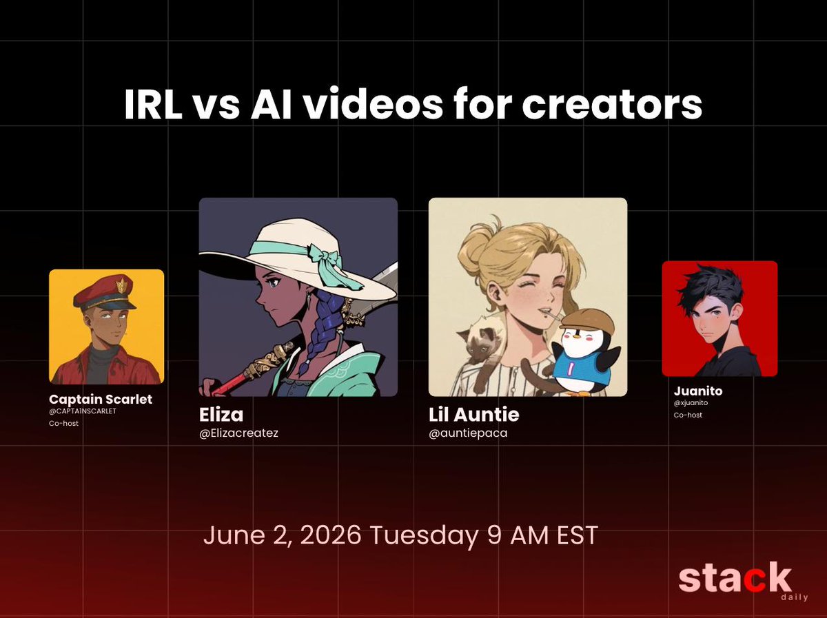 CAPTA1NSCARLET's tweet photo. HUGE stack workshop announcement 

two of the best creators on CT will be telling you how to get views with video 

IRL tips from auntie
AI tips from eliza

sign up below, attendance in class is compulsory  👇

https://t.co/71BMVxsKkb https://t.co/oosgnp9gKU