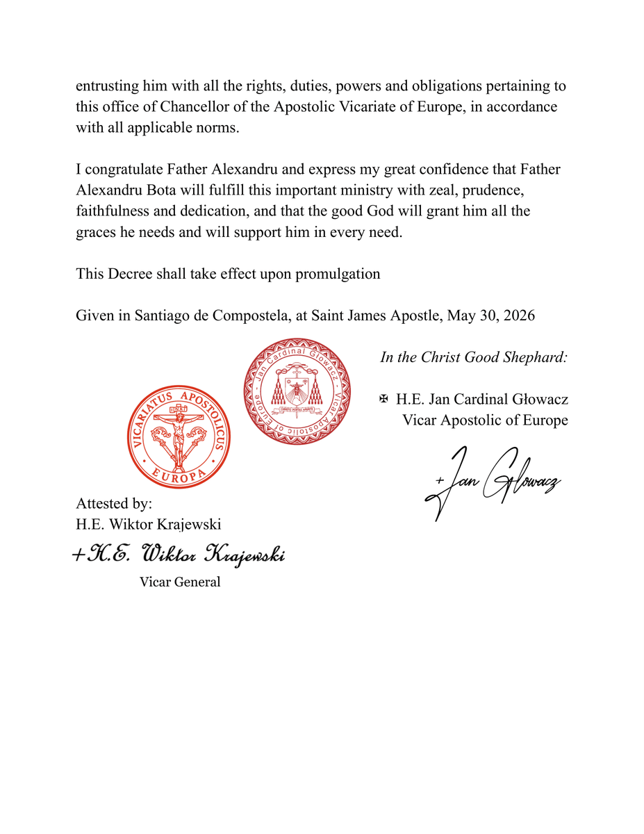 AlexBota32's tweet photo. Today, I had the great honor of being appointed as the new Chancellor of the Curia of the Apostolic Vicariate of Europe by His Eminence, Jan Cardinal Głowacz.
I thank His Eminence for entrusting me with the Office of Chancellor, and I look forward to serving the Vicariate! https://t.co/KhNMeE9pef