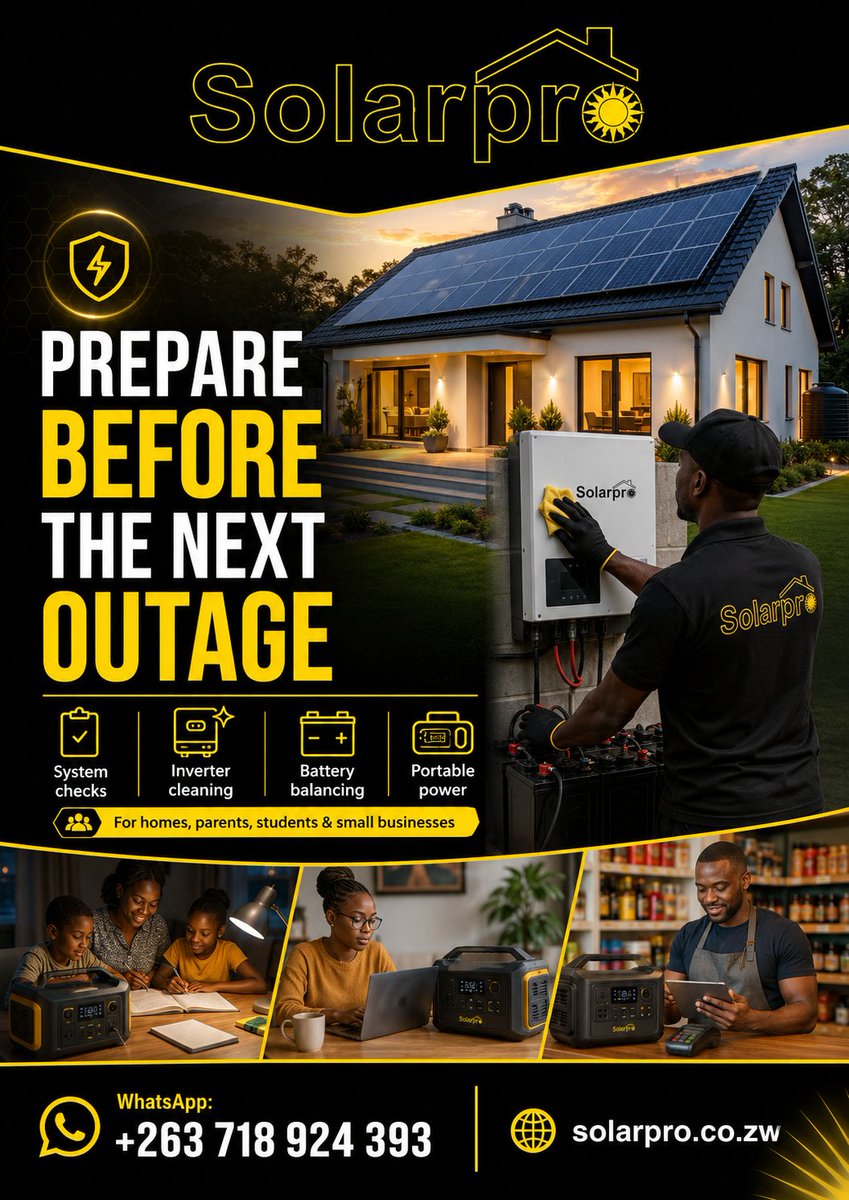 SolarproZim's tweet photo. The best time to prepare for power cuts is before the next outage cycle starts. We’re helping families with system checks, inverter cleaning, battery balancing &amp; portable power options.

#SolarproZimbabwe #Harare #Zimbabwe #SolarEnergy #PowerBackup #pecron https://t.co/nSPX9UTANe https://t.co/khq9GZQ2xf