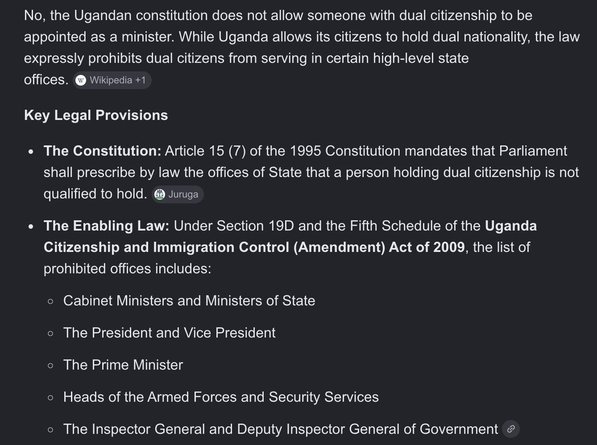 ElgonSmile's tweet photo. @NinyeTabz We are not accusing them of being Non-Ugandans.
Its just in plain sight of the law.
Mugaga for example holds 3 nationalities of Canada, Rwanda and Uganda. 
What does the Constitution say about dual nationality in relation to appointments to the cabinet?
Its not us, its the law. https://t.co/DQKEdifThS