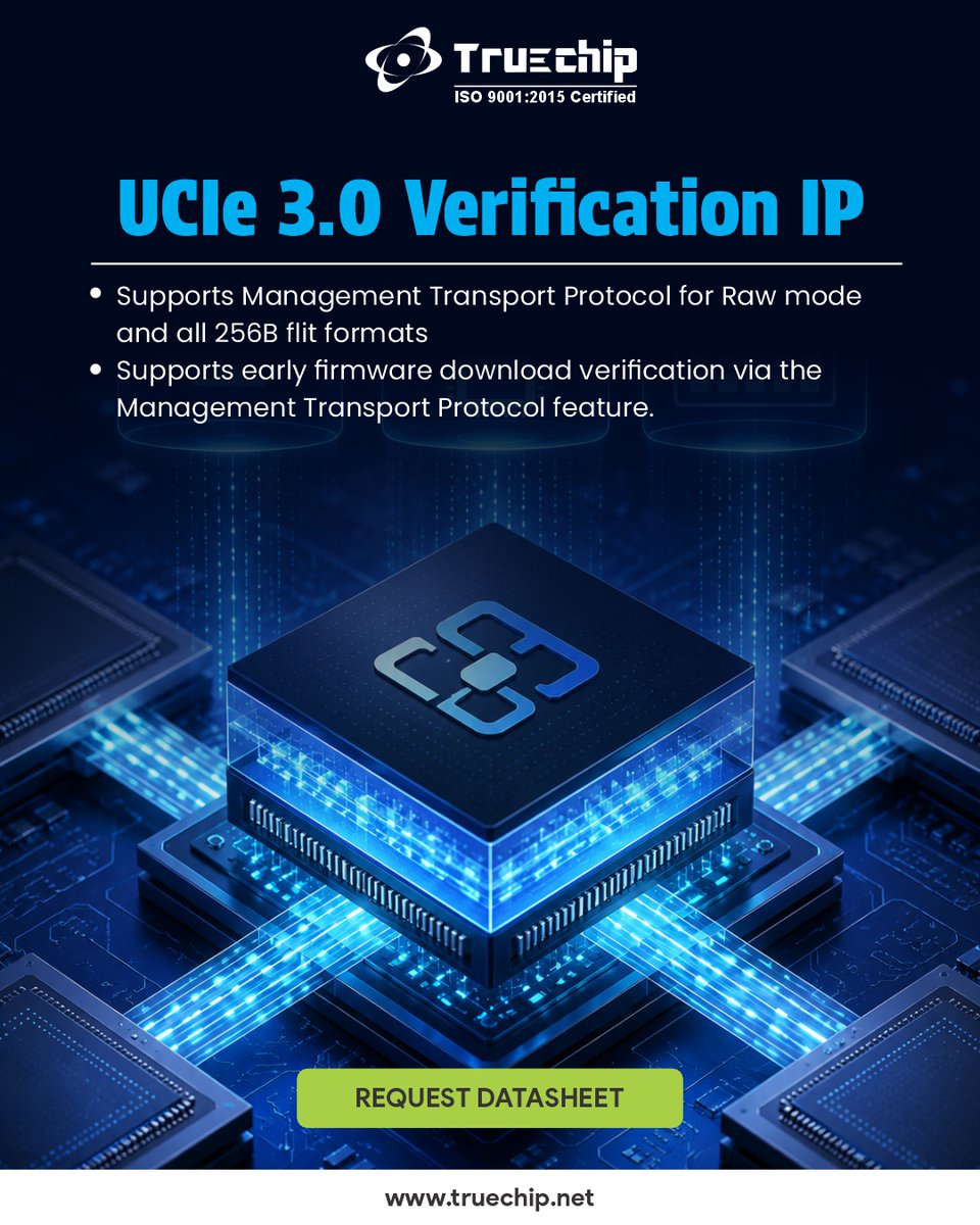 TruechipS's tweet photo. Our UCIe 3.0 VIP is built to cover exactly where teams get burned:

✅ Management Transport Protocol — Raw mode and all 256B flit formats complete protocol-layer coverage across flit variants, with no gaps in streaming, memory, or I/O traffic scenarios.

#UCIe #ChipletDesign https://t.co/pP4BDVuO31