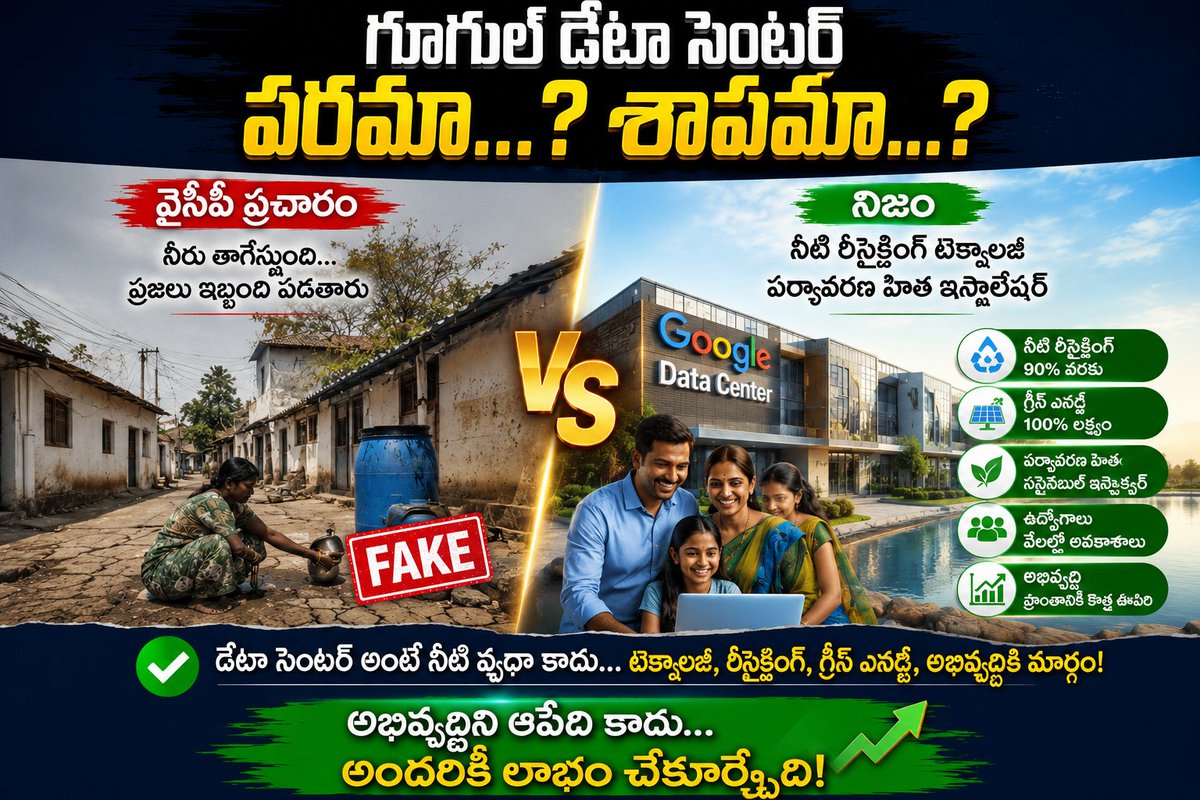 AndhraSpeaks's tweet photo. లక్షల కోట్ల పెట్టుబడి..

ఆసియాలోనే అతిపెద్ద AI డేటా సెంటర్ హబ్‌లలో ఒకటి..
లక్షలాది ఉద్యోగ అవకాశాలకు బాటలు వేయబోయే సంకల్పం..
ఇది కేవలం..నాయకత్వంపై..విజన్‌పై..ప్రభుత్వ నిబద్ధతపై ఉన్న నమ్మకం..

ఒక పక్క ఈ గూగుల్ డేటా సెంటర్ వల్ల..
వేల కోట్ల పెట్టుబడులు క్యూ కట్టగా..
ప్రత్యక్ష, పరోక్షంగా లక్షల ఉద్యోగాలు సిద్ధం అవుతుండగా..

చిల్లర కోసం అమ్ముడుపోయే సోషల్ మీడియా సన్నాసులు రెడీ అయిపోయారు..

ఇక్కడ వాదన అంతా..సారీ విష ప్రచారం అంతా..
డేటా సెంటర్లు నీళ్లు ఎక్కువగా తాగేస్తాయి...విశాఖలో నీటి కొరత వస్తుంది..అని..
 
కానీ అసలు నిజం ఏంటంటే..నేటి ఆధునిక డేటా సెంటర్లలో..
Water Recycling Systems ఉంటాయి, అంటేవాడిన నీటిని శుద్ధి చేసి మళ్లీ మళ్లీ ఉపయోగిస్తారు.

Closed Loop Cooling Systems ఉంటాయి, అంటే ఒకే నీరు సర్కిల్‌లో తిరుగుతూ ఉంటుంది. ప్రతిసారి కొత్త నీరు అవసరం ఉండదు.

Treated Water Usage చేస్తారు, అంటే తాగునీటిని కాకుండా, మున్సిపాలిటీ శుద్ధి చేసిన మురుగునీటిని ఉపయోగించే వ్యవస్థలు కూడా ఉంటాయి.

AI ఆధారిత Cooling Management ఉంటుంది, అంటే ఎంత అవసరమో అంతే నీరు, అంతే విద్యుత్ వినియోగించేలా సిస్టమ్స్ పనిచేస్తాయి.

ఇంకో అడుగు ముందుకు వేసి మాట్లాడుకుంటే..
గూగుల్ పాలసీ ప్రకారం...తాము ఒక ప్రాంతంలో 10 లీటర్ల నీటిని వాడితే, ఆ ప్రాంతంలో భూగర్భ జలాలు పెరగడానికి 12 లీటర్ల నీటిని తిరిగి భూమిలోకి చేరేలా చేస్తారు..దీనికోసం ఆ చుట్టుపక్కల ప్రాంతాల్లో చెరువులను బాగు చేయడం, వర్షపు నీటి నిల్వ గుంతలు తవ్వడం, కాలువలను ఆధునీకరించడం లాంటి పనులు చేస్తారు.

ఒక్కమాటలో చెప్పాలి అంటే...
నేటి డేటా సెంటర్లు నీటిని వృథా చేసే పాతకాలపు పరిశ్రమలు కావు... 

నీటిని రీసైకిల్ చేస్తూ, గ్రీన్ ఎనర్జీని వినియోగిస్తూ, అత్యాధునిక సాంకేతికతతో నడిచే డిజిటల్ మౌలిక సదుపాయాలు..

#AndhraSpeaks
@SaraPemmasani 
@SaranyaPemasani 
@BangaloreTDP 
@Shiva4TDP 
@chennak31709731 
@Nallamothu4TDP 
@binduyadav1143 
@raju_tdp2024 
@Prasadnuz